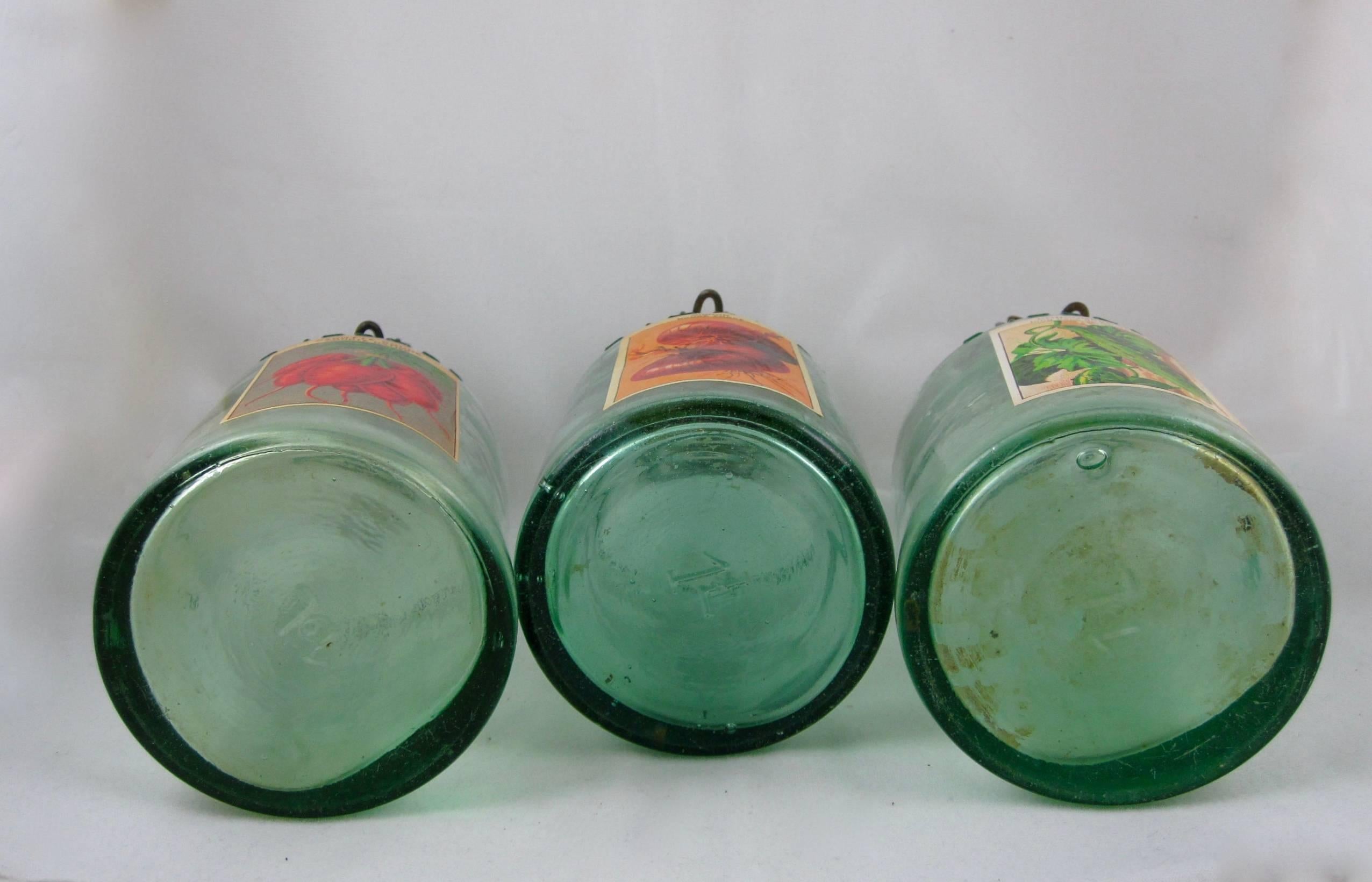 1900s French Green L'Ideale Canning Preserve Jars with Lithograph Labels, S/3 1