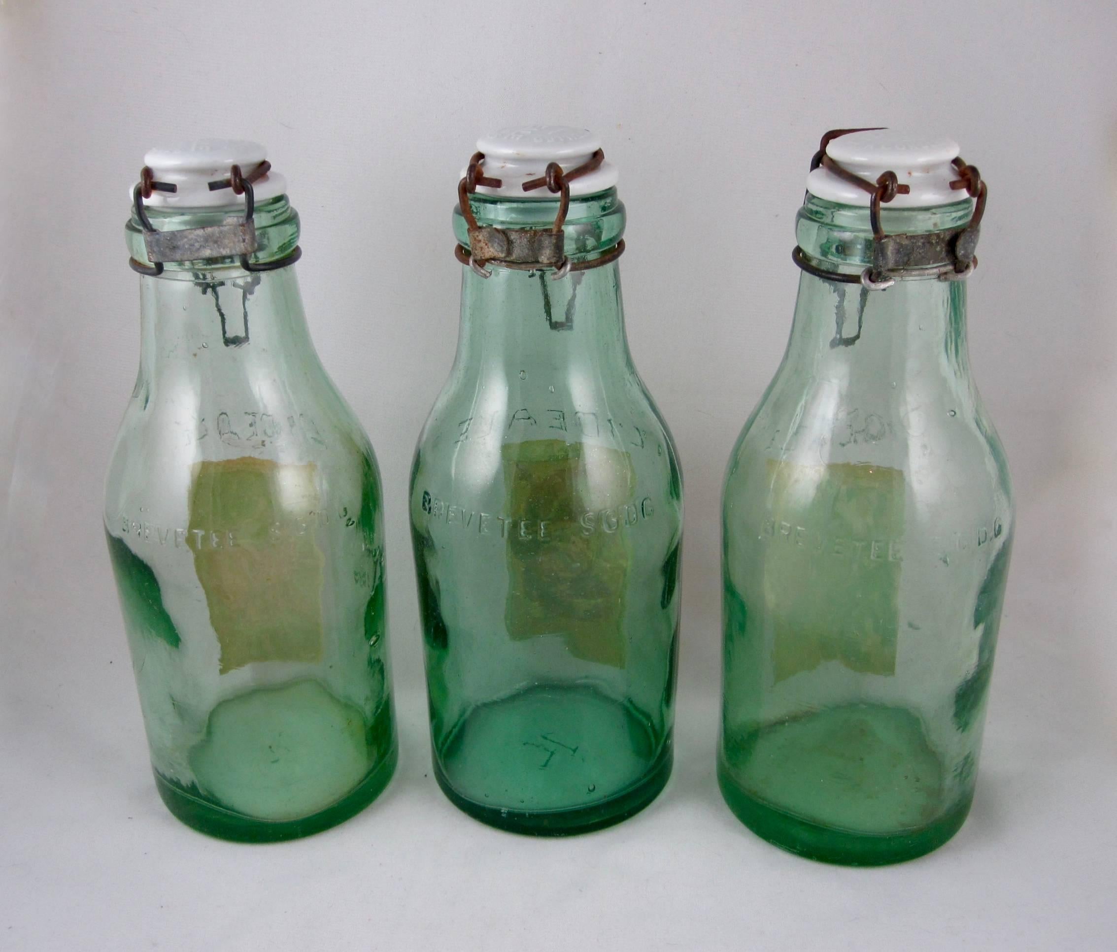 Glass 1900s French Green L'Ideale Canning Preserve Jars with Lithograph Labels, S/3