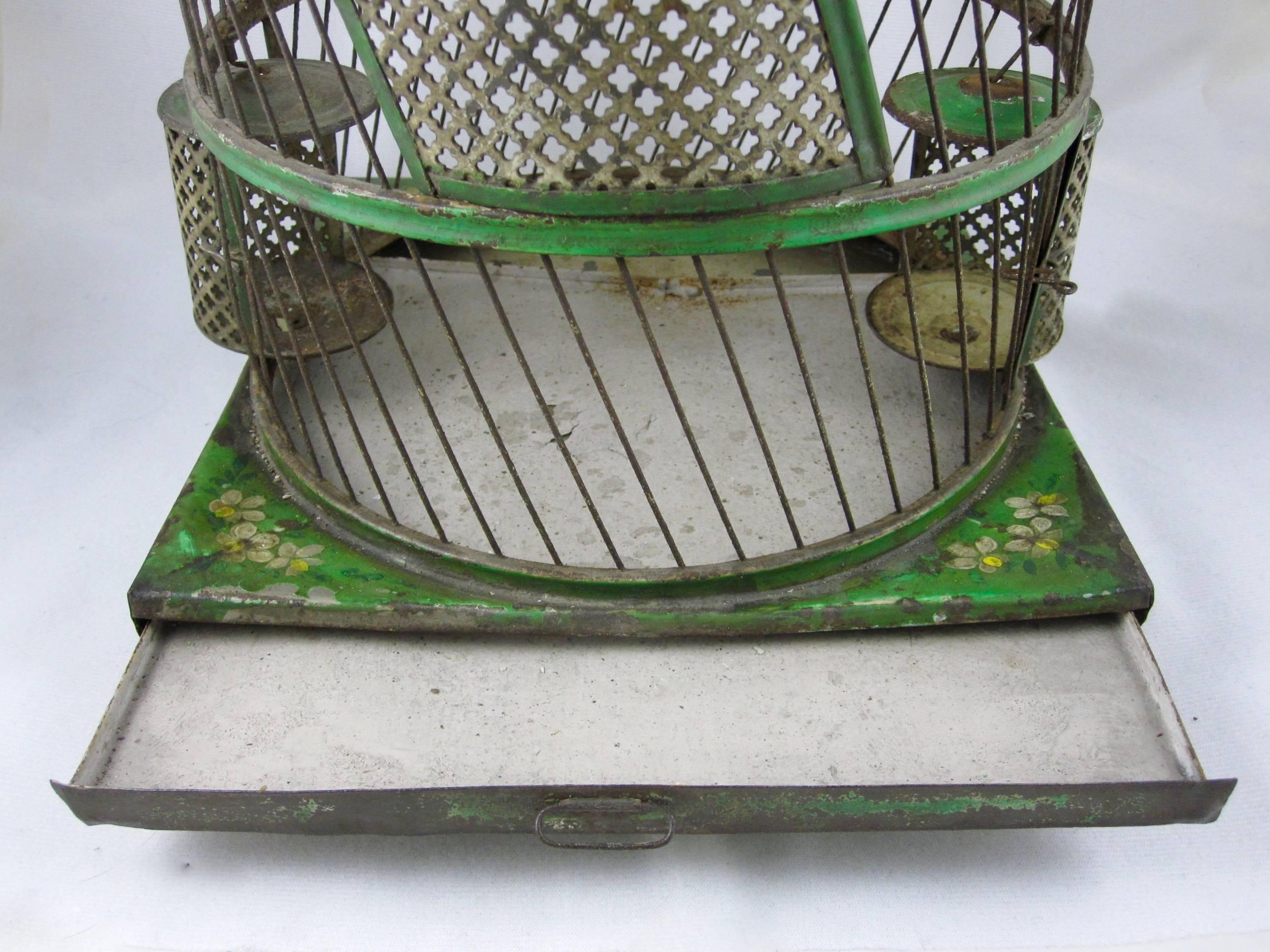 French Belle Époque Tole Peinte Bird Cage and Two Feathered Birds 1