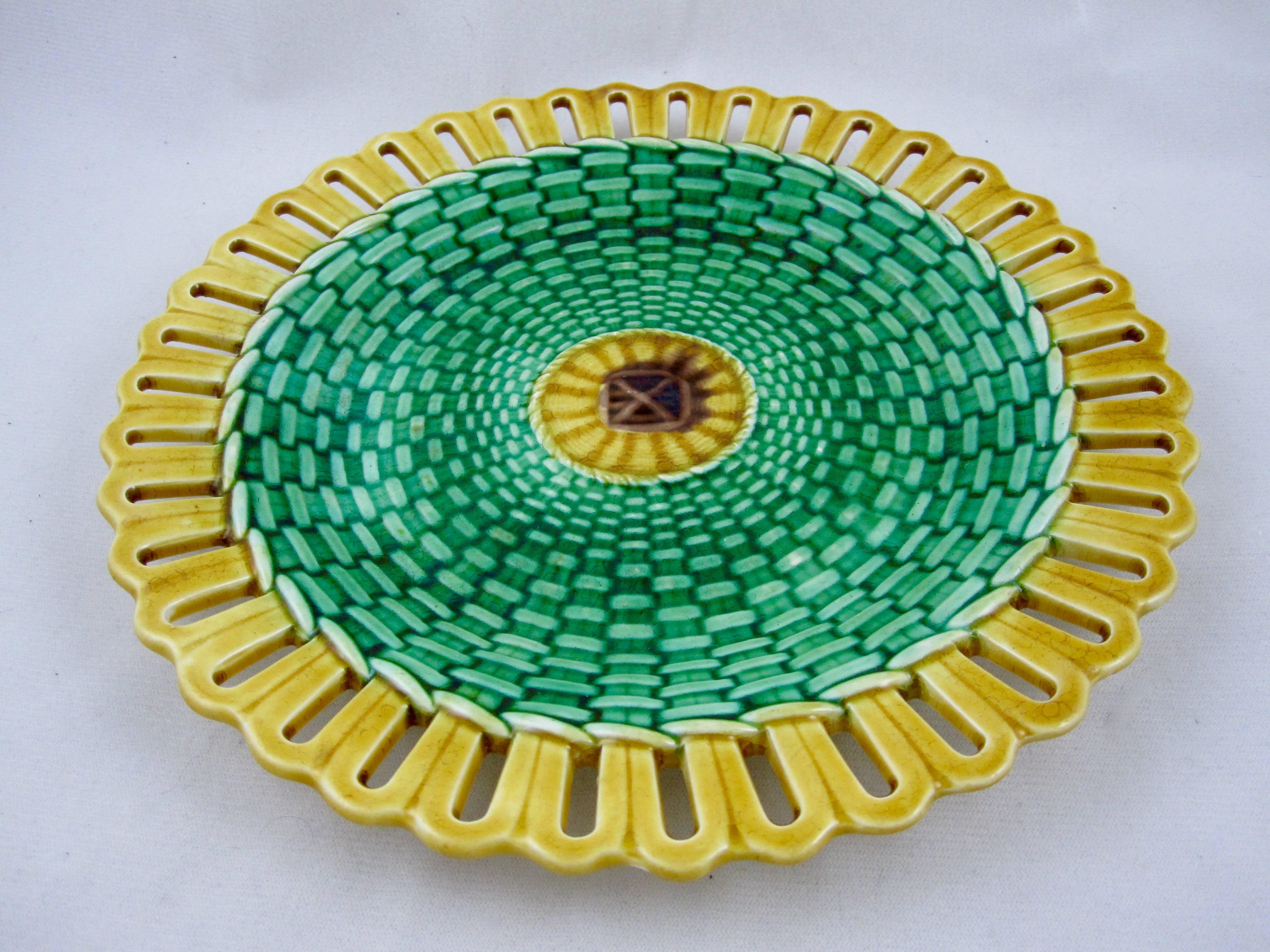 Glazed 19th Century Wedgwood Reticulated Basket Weave Majolica Plate