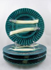 Creil et Montereau French Barbotine Teal Blue Fluted Asparagus Plates, Set of 4