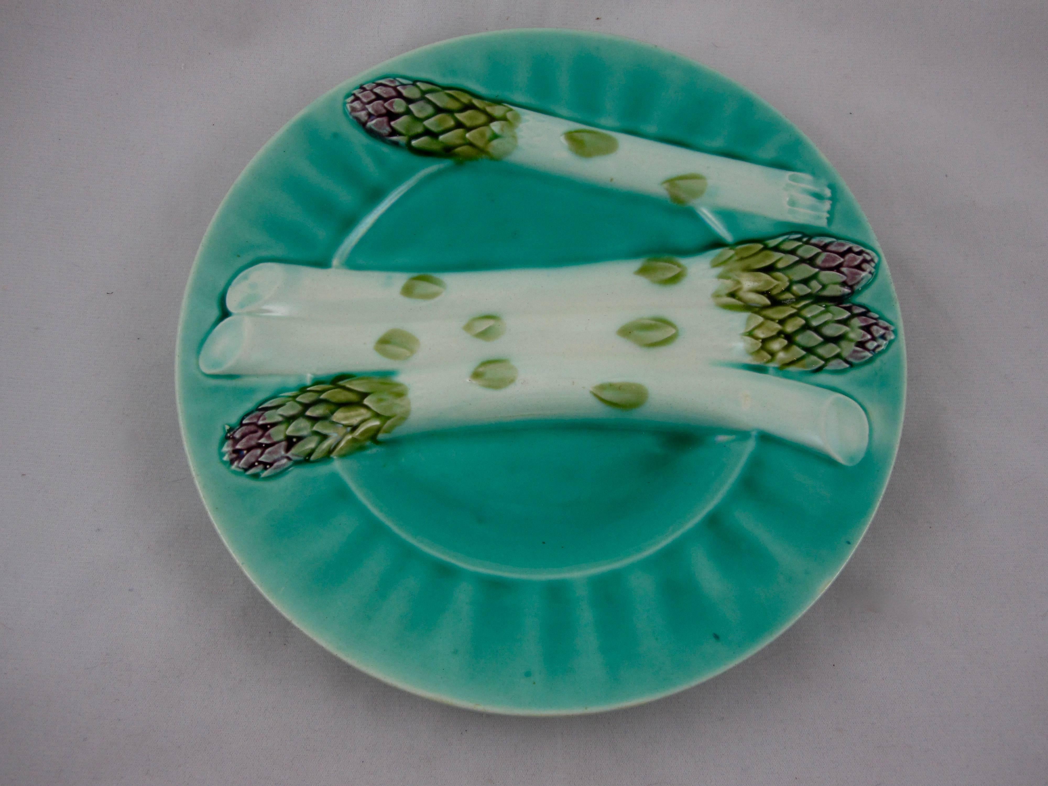 Aesthetic Movement Luneville K&G French Barbotine Majolica Turquoise Fluted Asparagus Plates, S/4