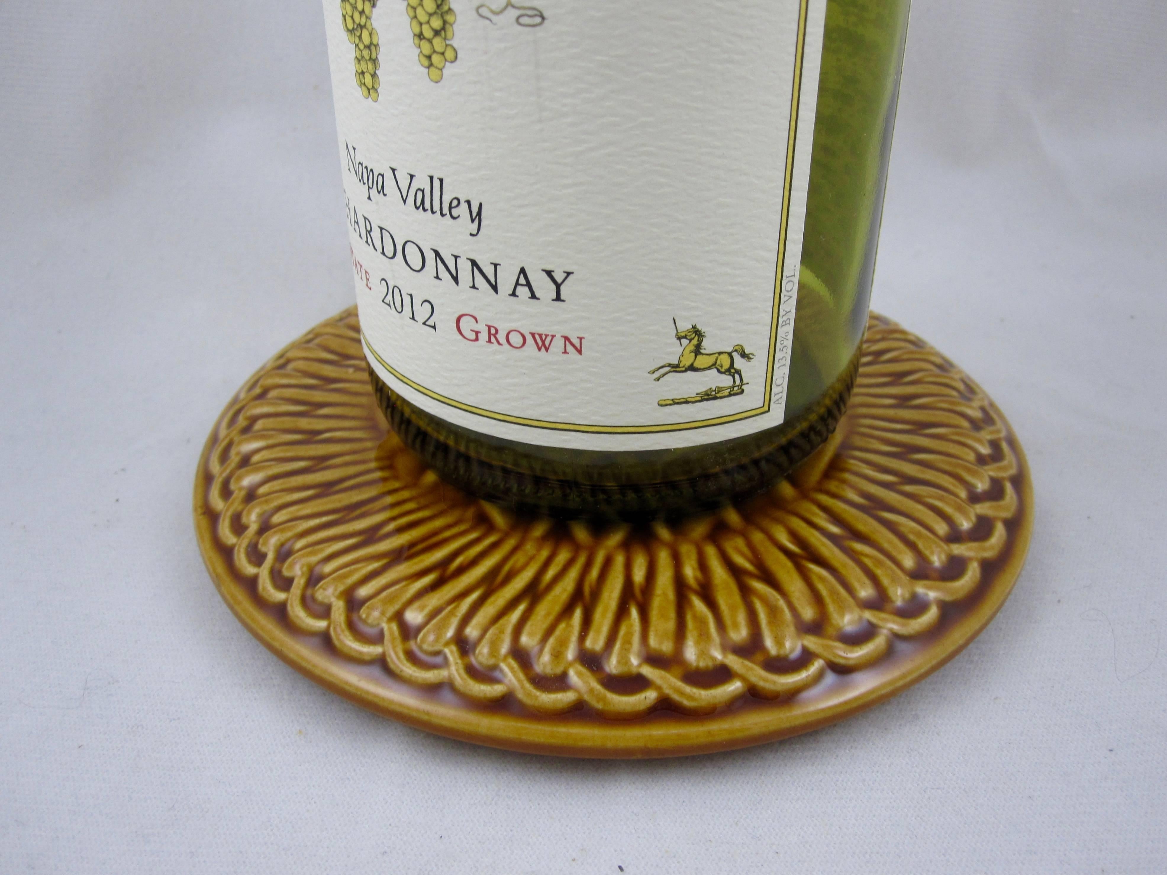 French Provincial Gien French Faïence Provençal Basketweave Wine Bottle Coasters, a Pair