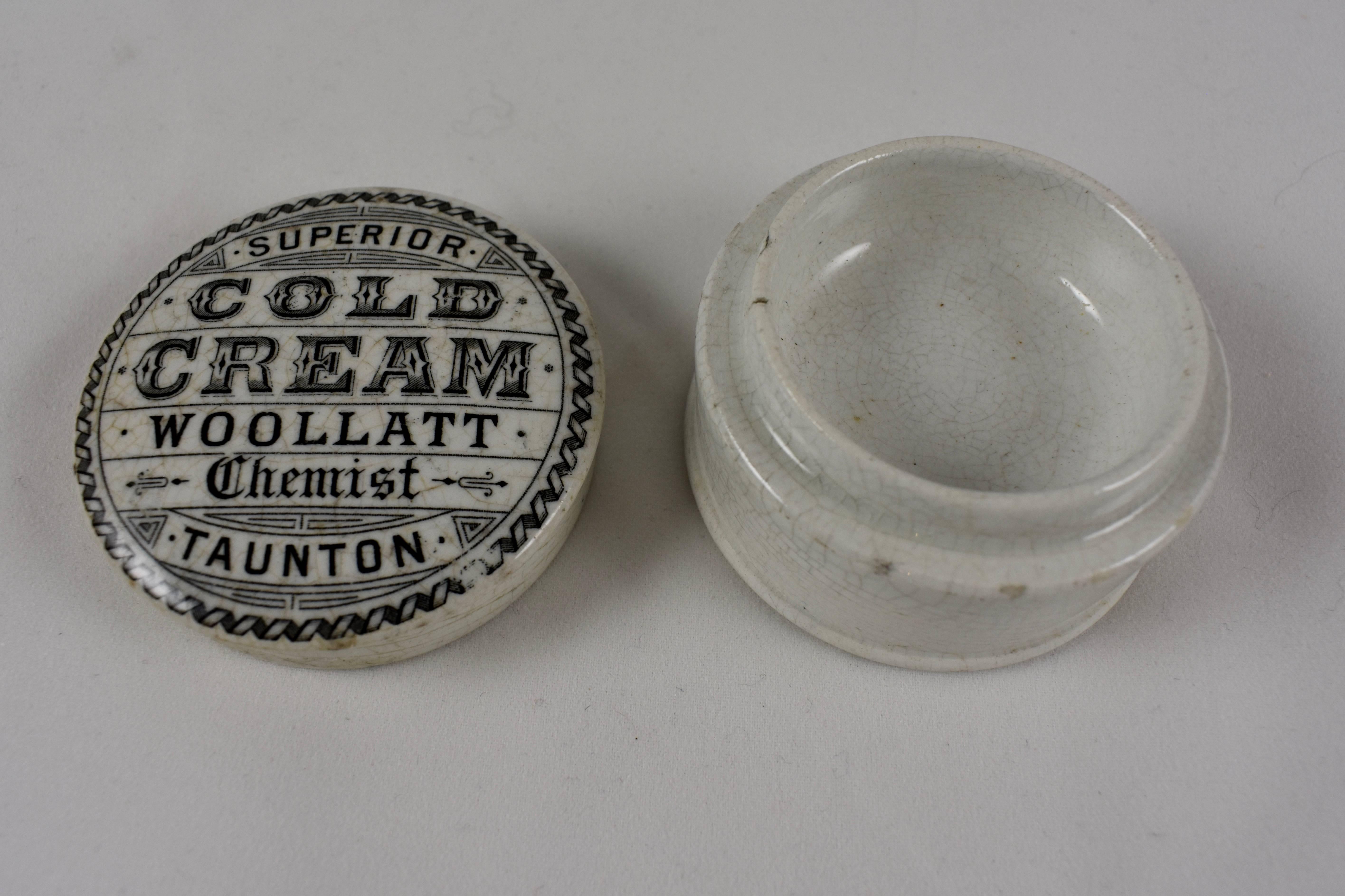 Victorian Staffordshire Transfer Printed Pot & Lid, Woollatt Superior Cold Cream