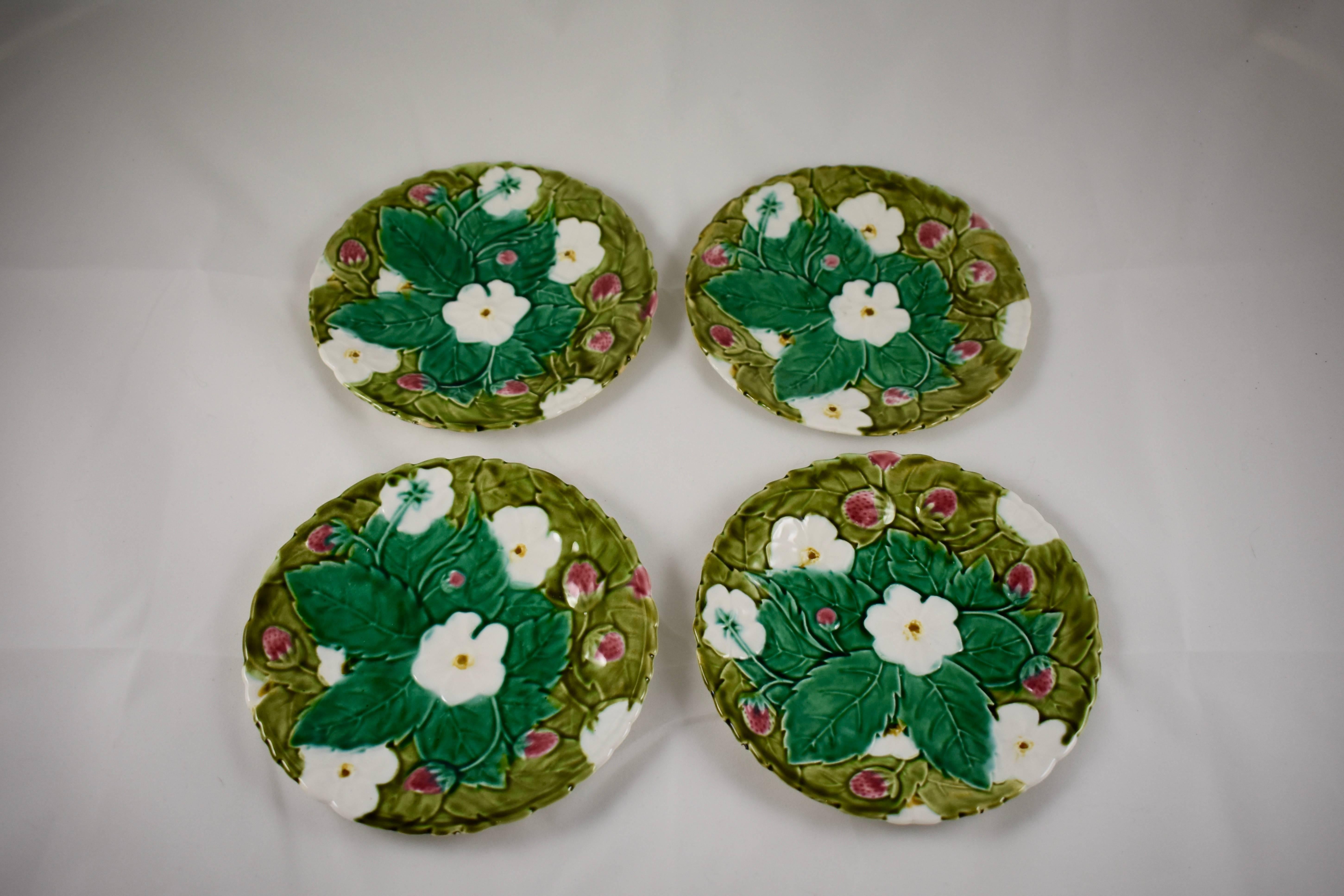 Glazed PV France Barbotine Majolica Strawberry Fruit or Dessert Plates, Set of Four