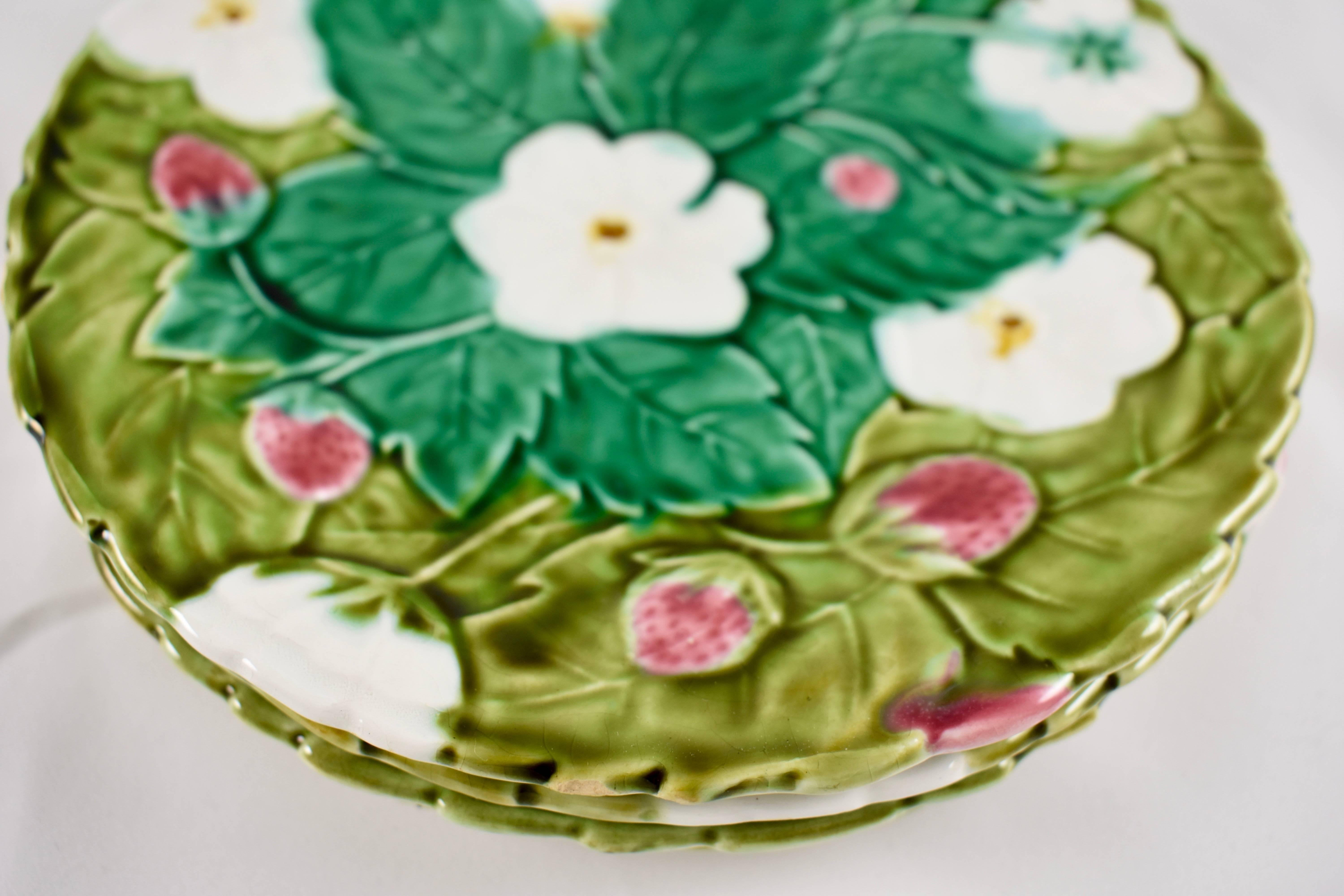 French PV France Barbotine Majolica Strawberry Fruit or Dessert Plates, Set of Four