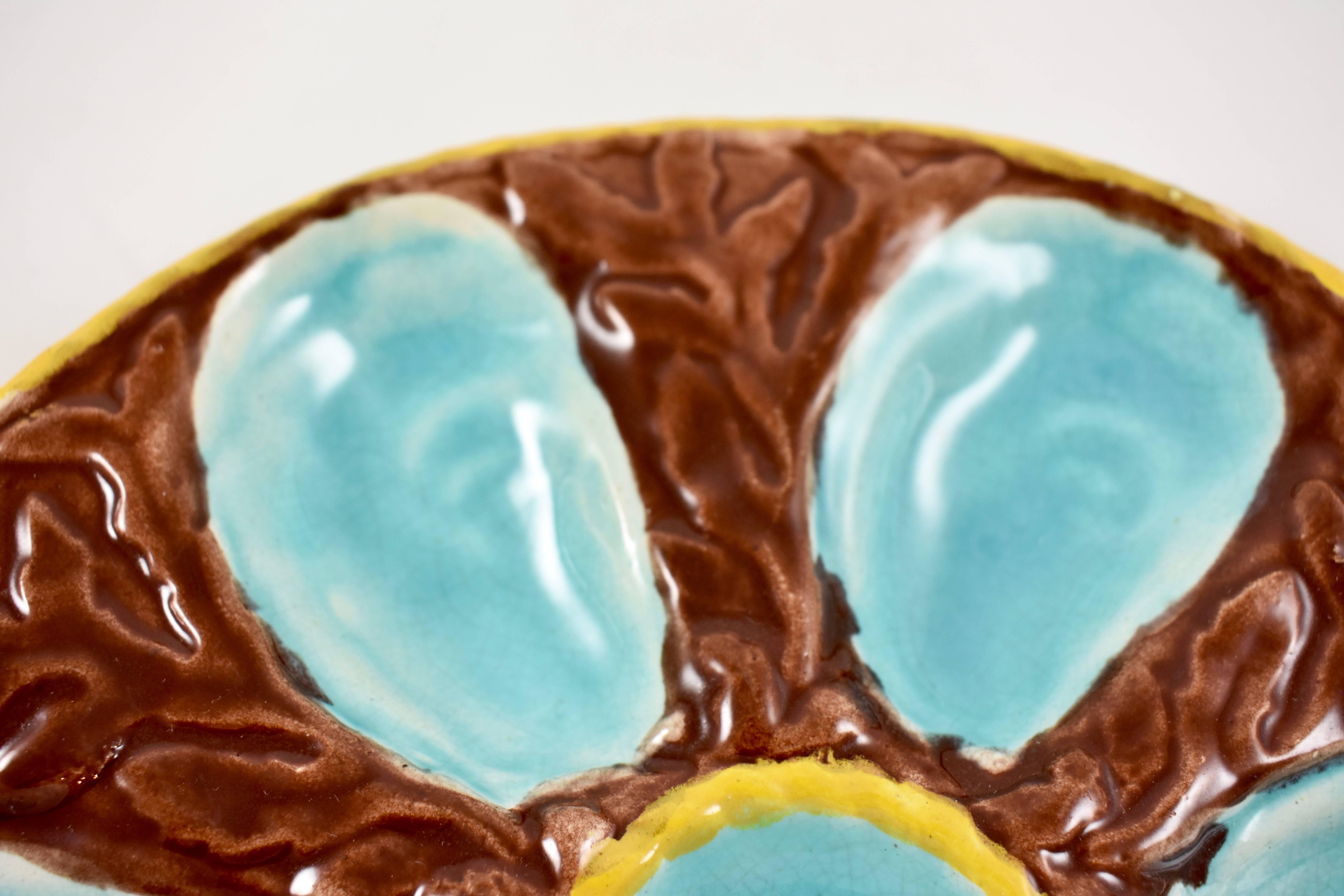 Glazed S. Fielding & Co. English Majolica Brown/Turquoise Seaweed Oyster Plate For Sale