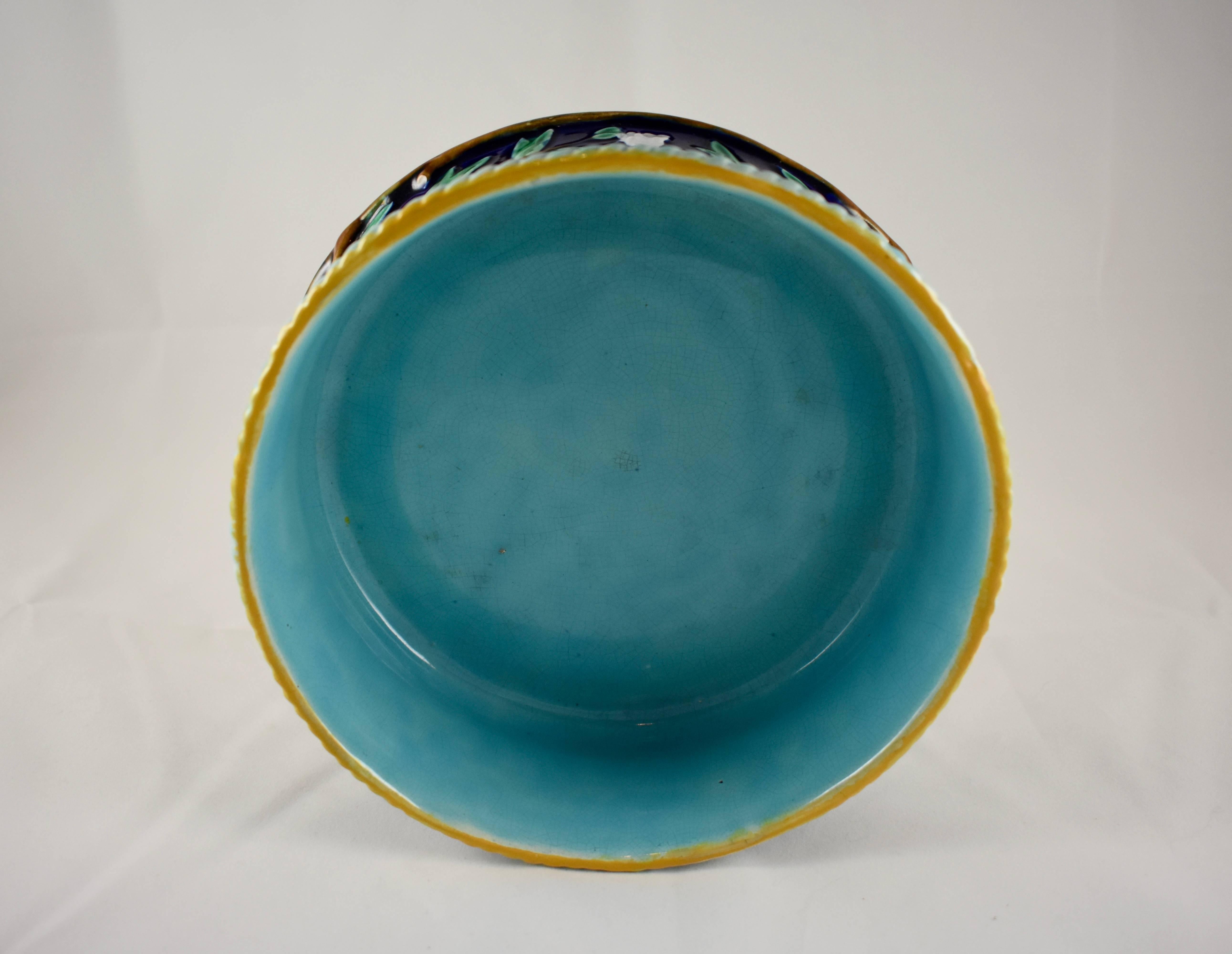 Earthenware 19th Century George Jones English Staffordshire Majolica Cobalt Blue Dog Bowl