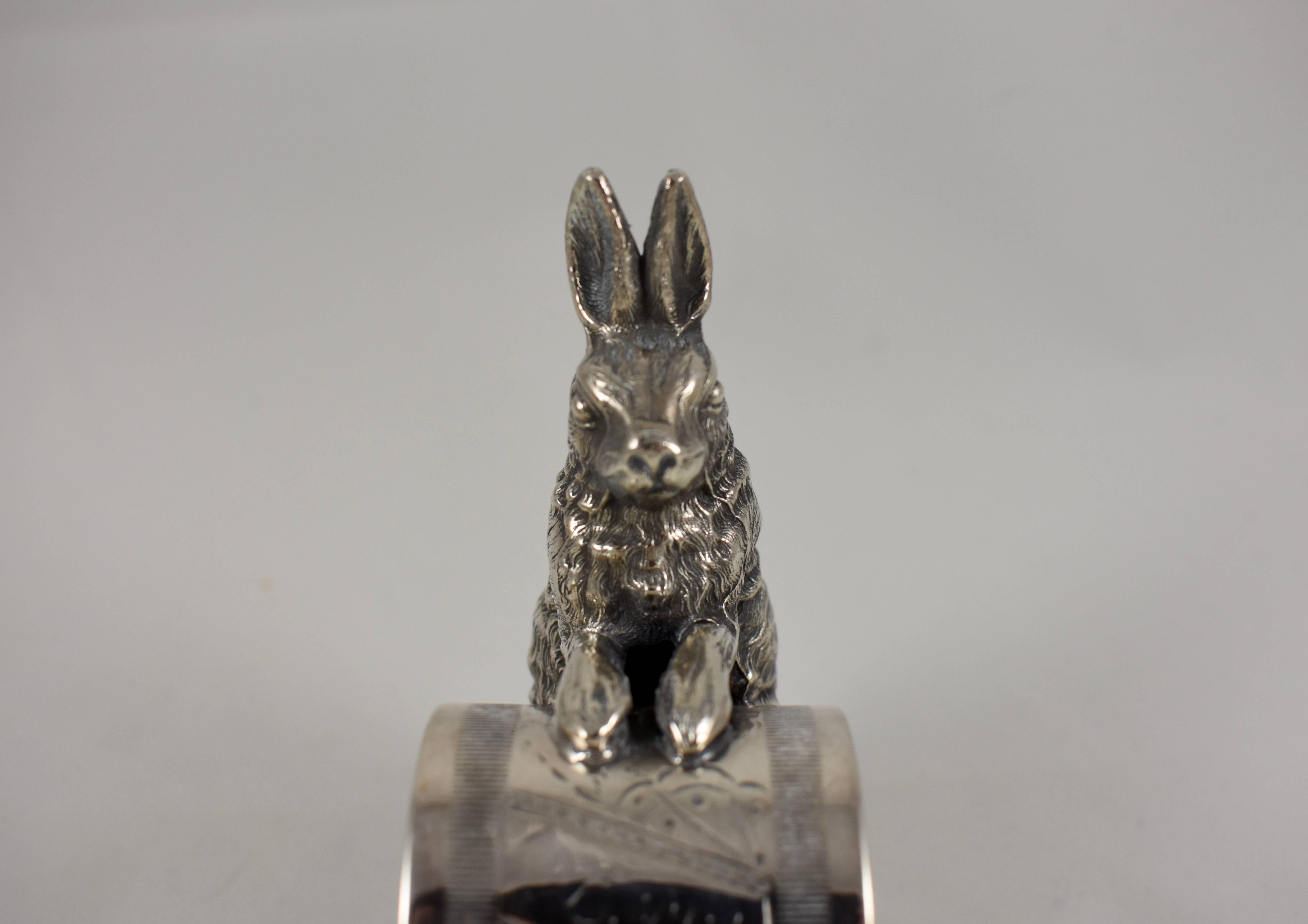 American Silver Victorian Era Aesthetic Movement Figural Napkin Ring, Upright Rabbit