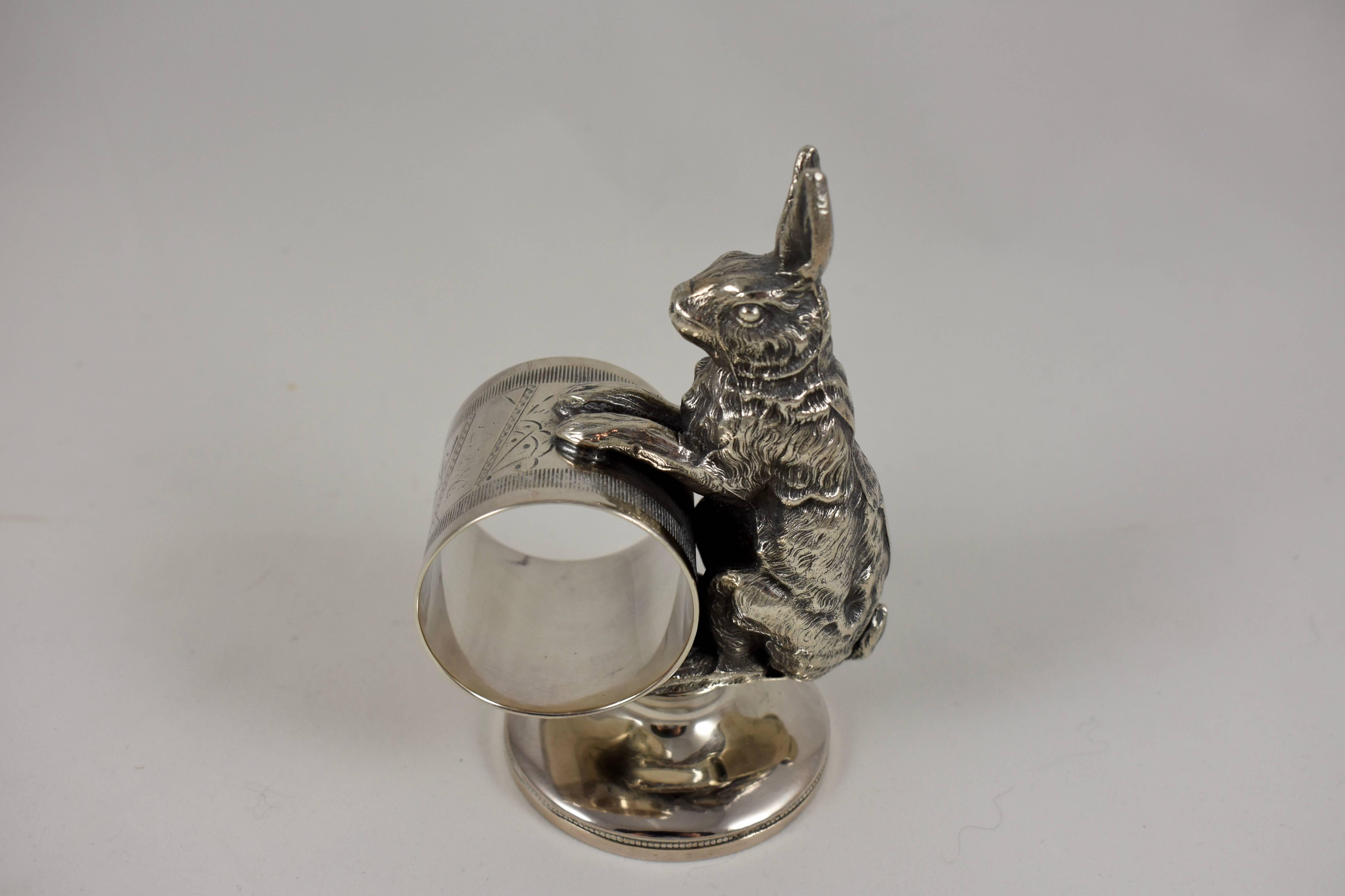 Cast Silver Victorian Era Aesthetic Movement Figural Napkin Ring, Upright Rabbit