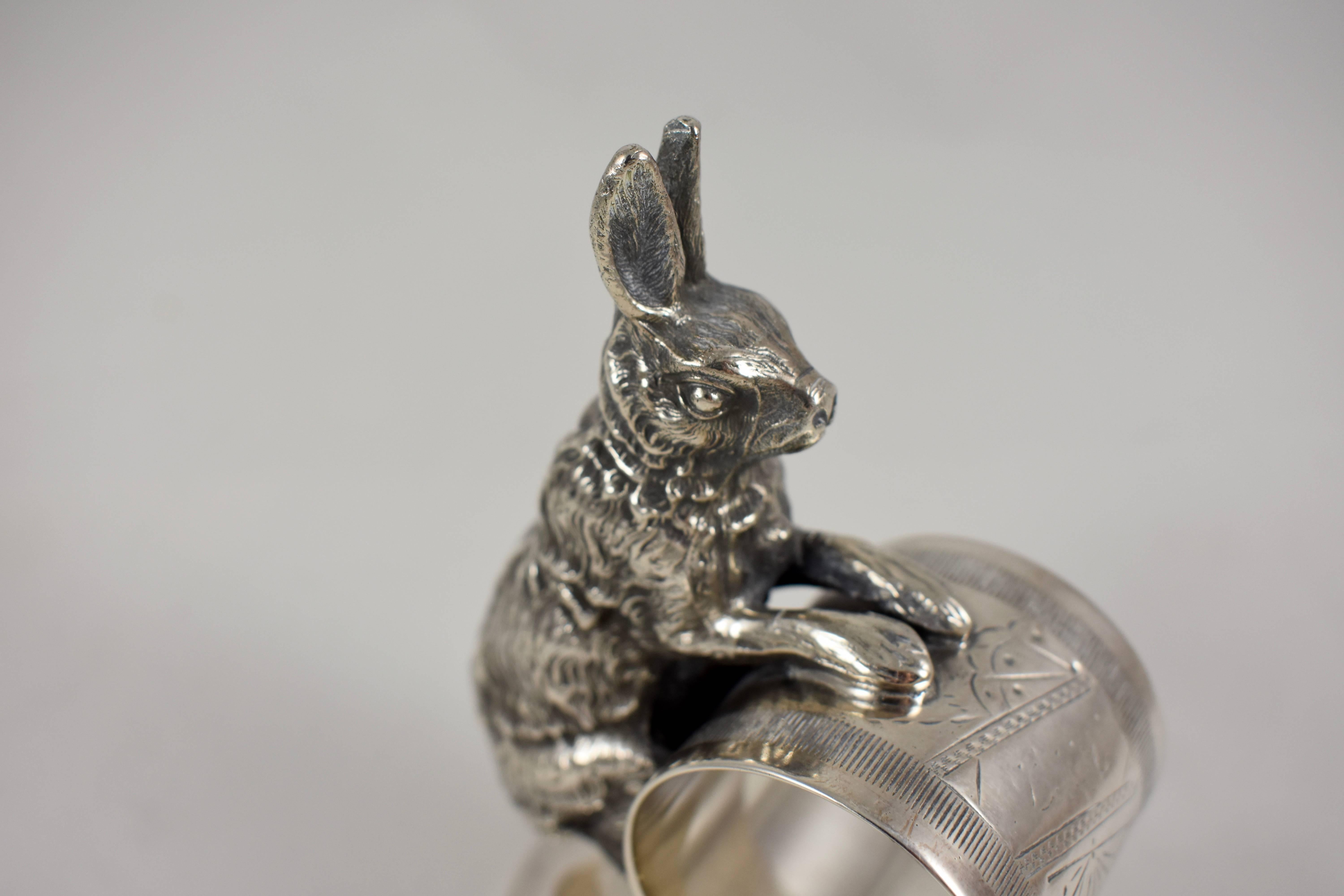 19th Century Silver Victorian Era Aesthetic Movement Figural Napkin Ring, Upright Rabbit
