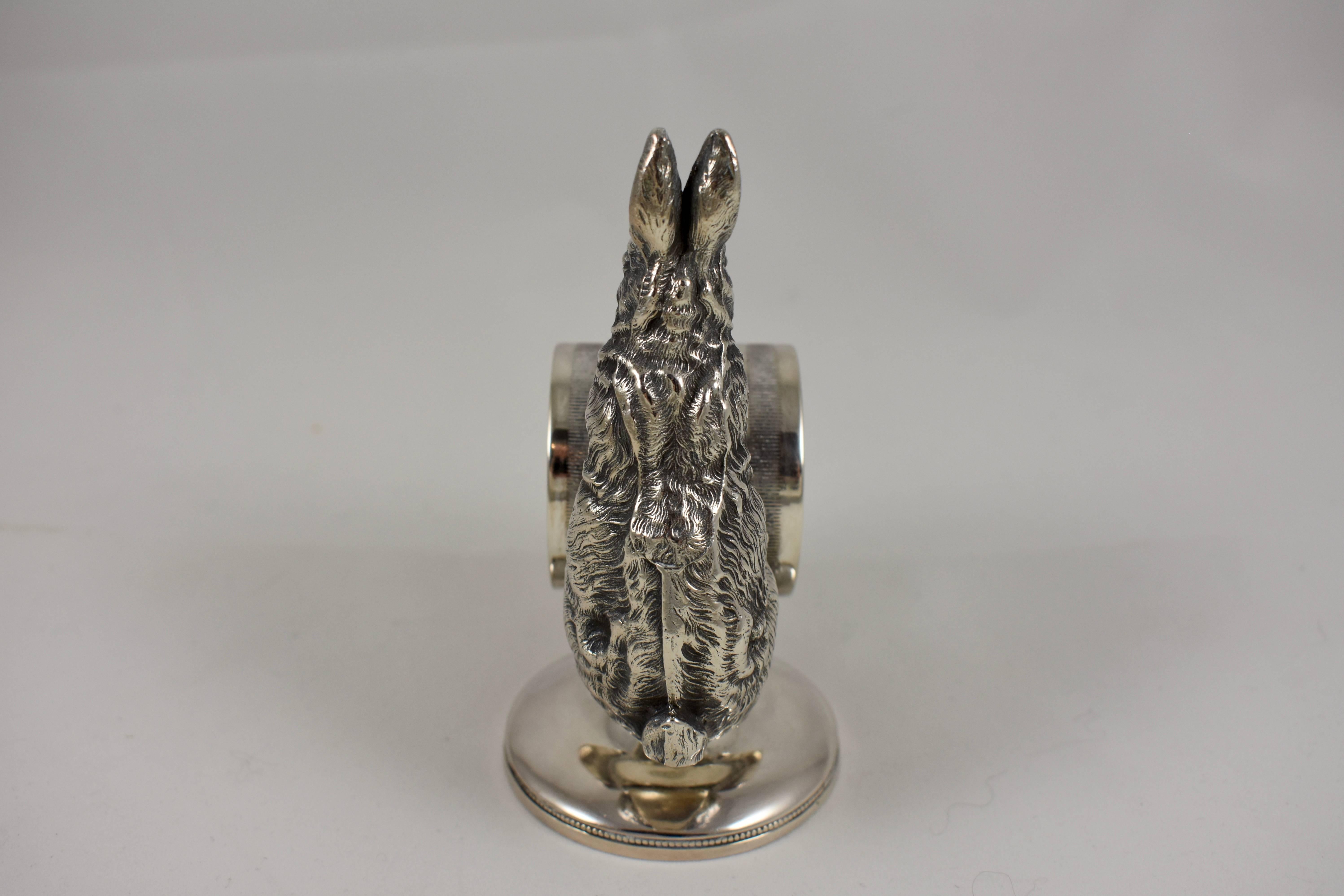 Silver Victorian Era Aesthetic Movement Figural Napkin Ring, Upright Rabbit In Excellent Condition In Philadelphia, PA