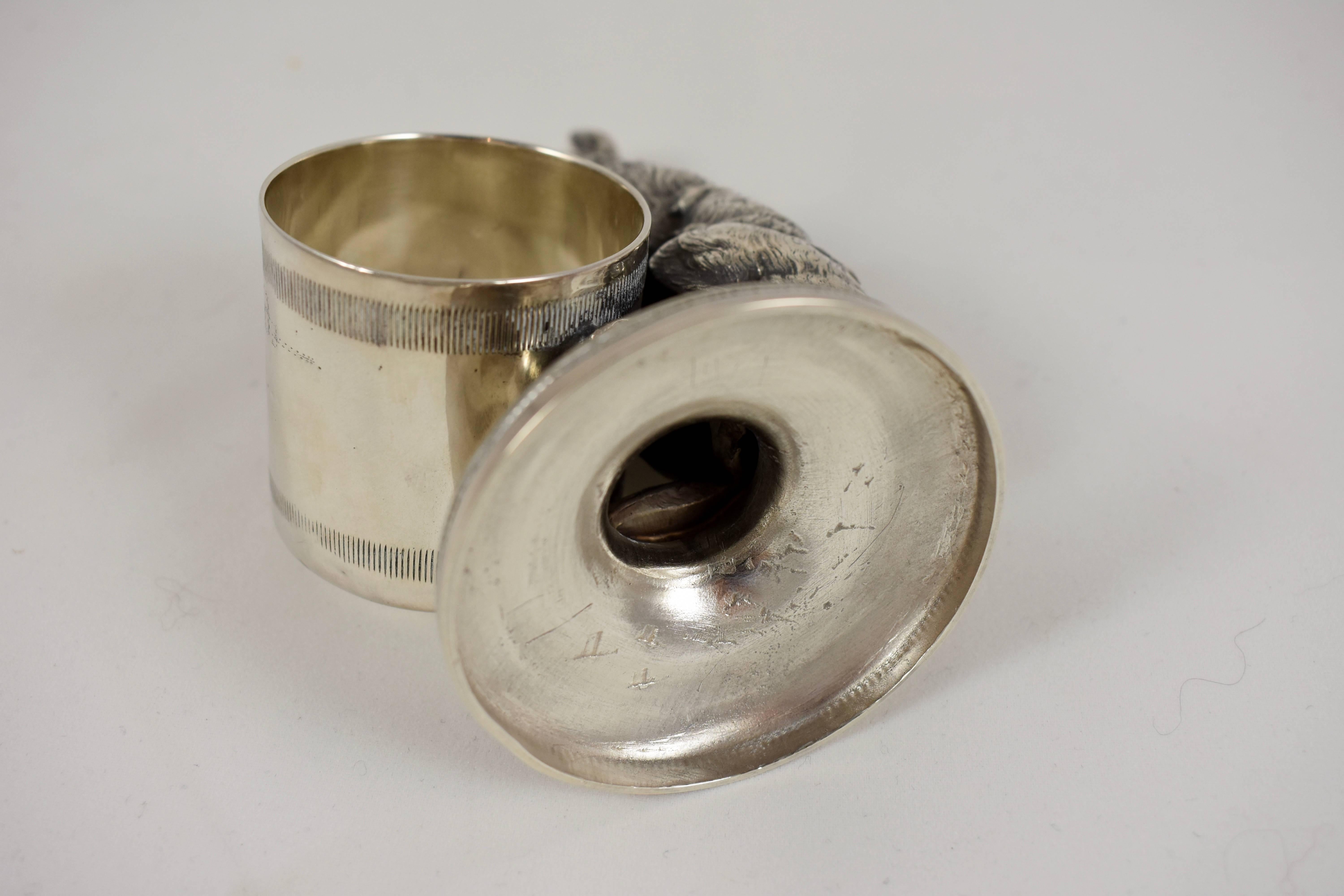 Silver Plate Silver Victorian Era Aesthetic Movement Figural Napkin Ring, Upright Rabbit