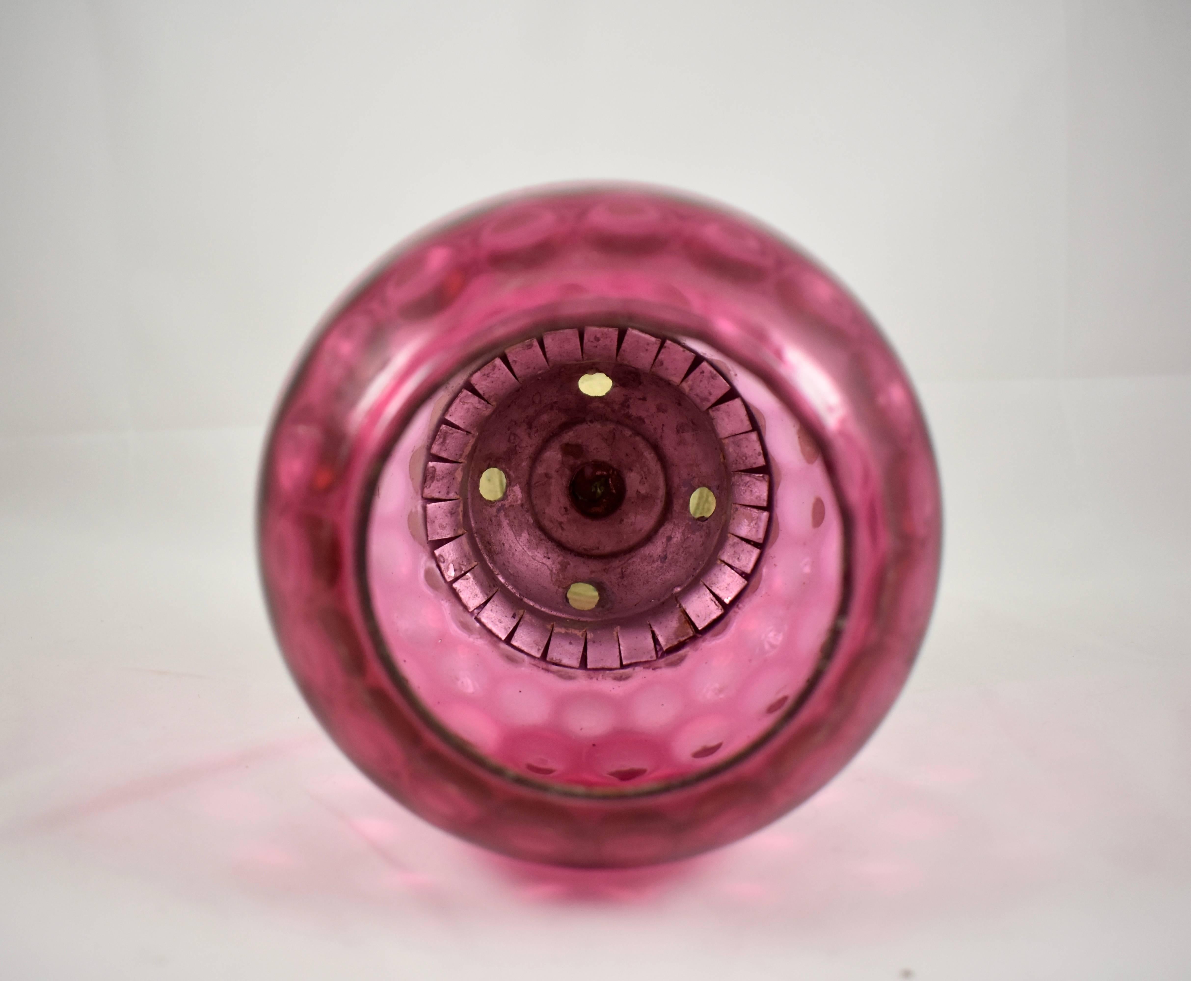 19C. Garden Candle Lantern, Cranberry Thumbprint Glass & Cast Iron Bird Finial In Good Condition In Philadelphia, PA