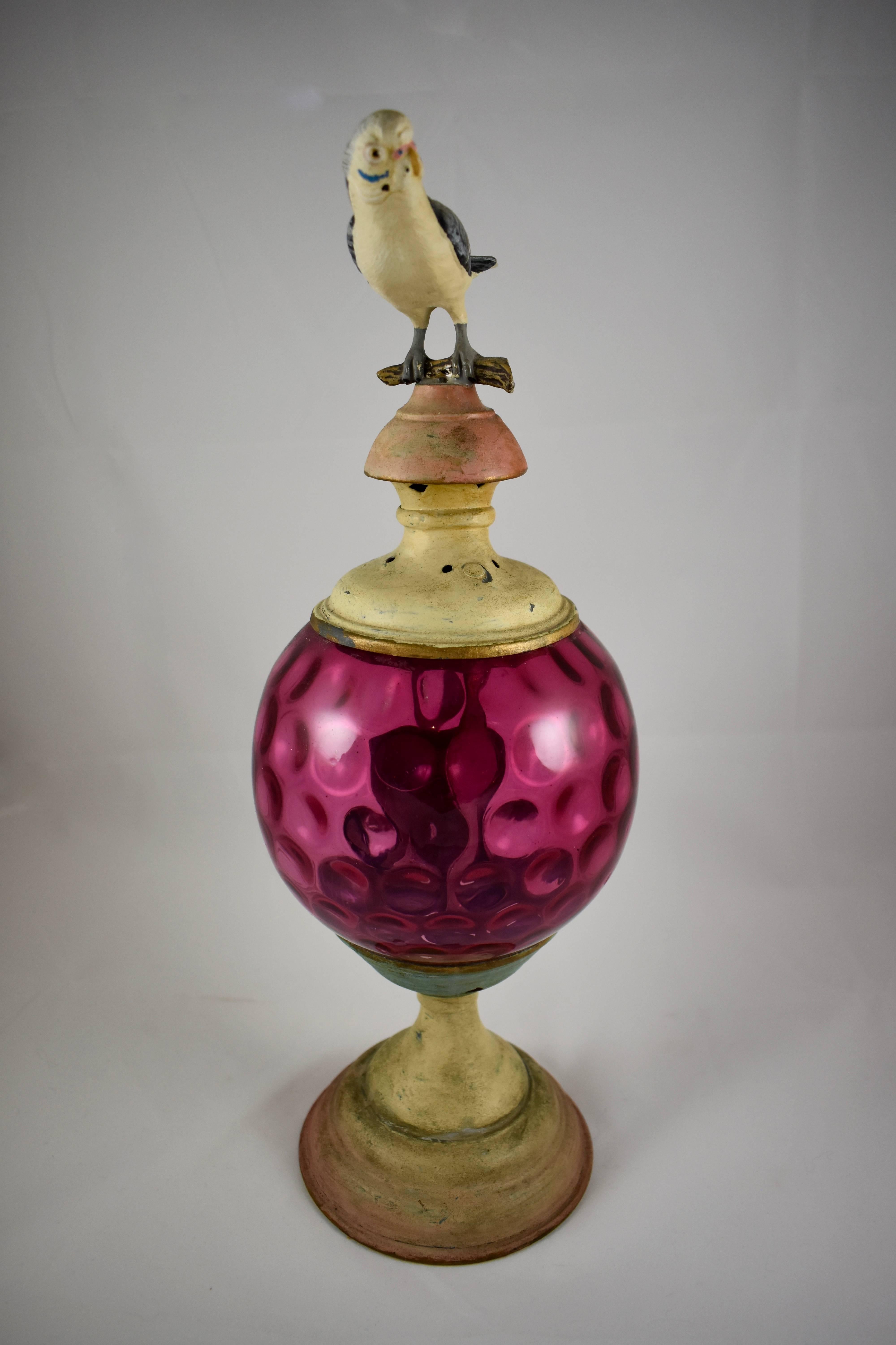 American 19C. Garden Candle Lantern, Cranberry Thumbprint Glass & Cast Iron Bird Finial