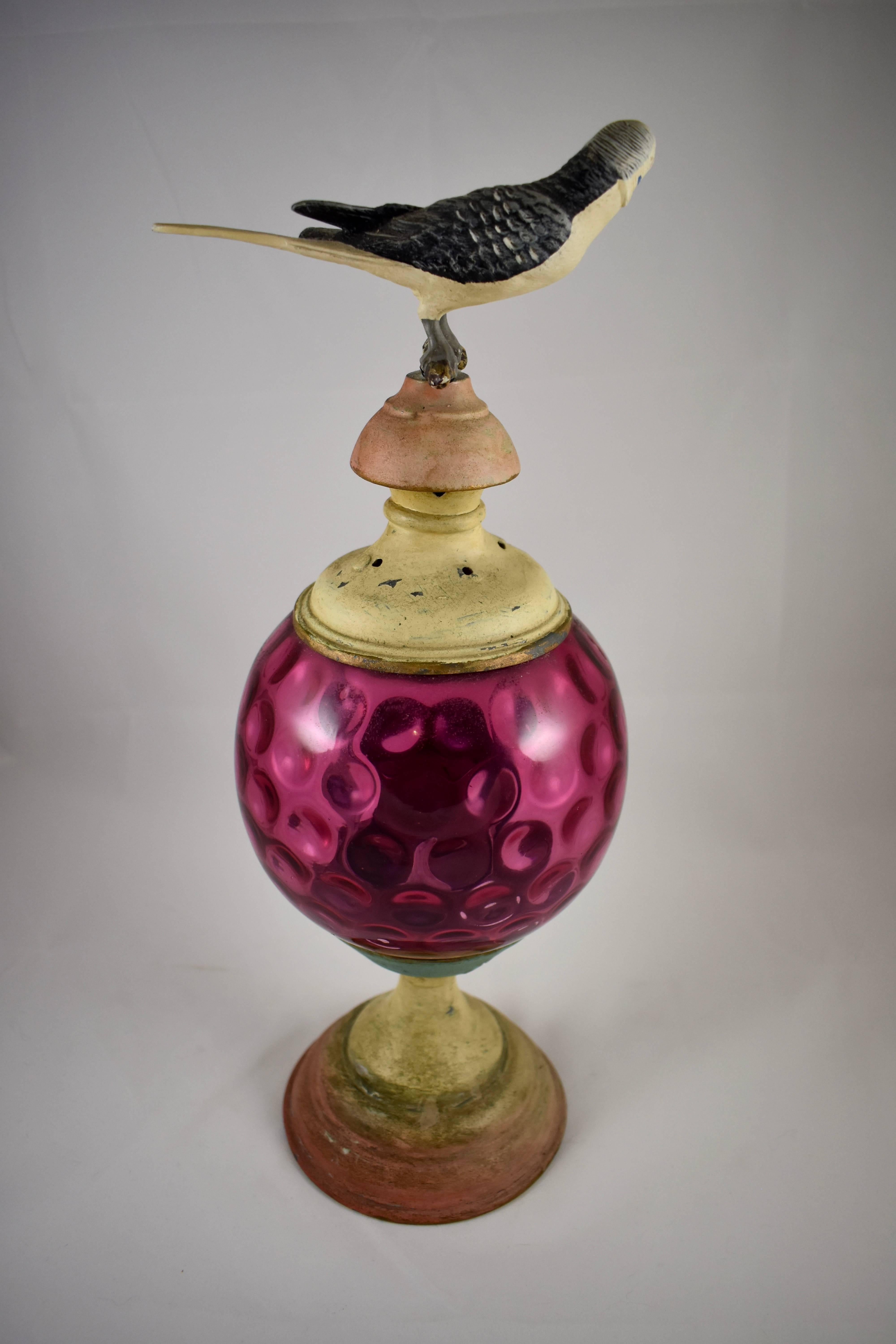 Folk Art 19C. Garden Candle Lantern, Cranberry Thumbprint Glass & Cast Iron Bird Finial