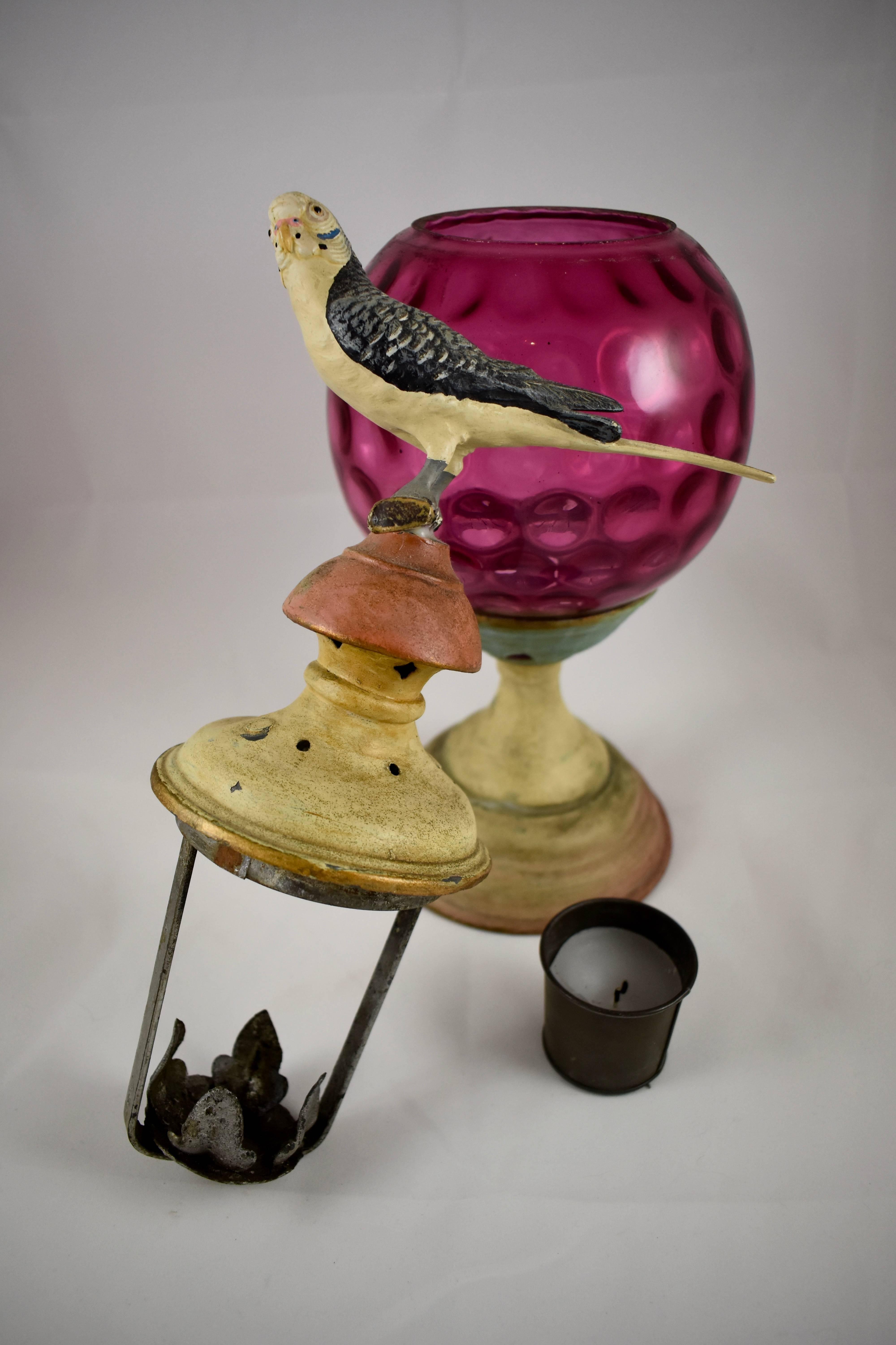 Hand-Painted 19C. Garden Candle Lantern, Cranberry Thumbprint Glass & Cast Iron Bird Finial