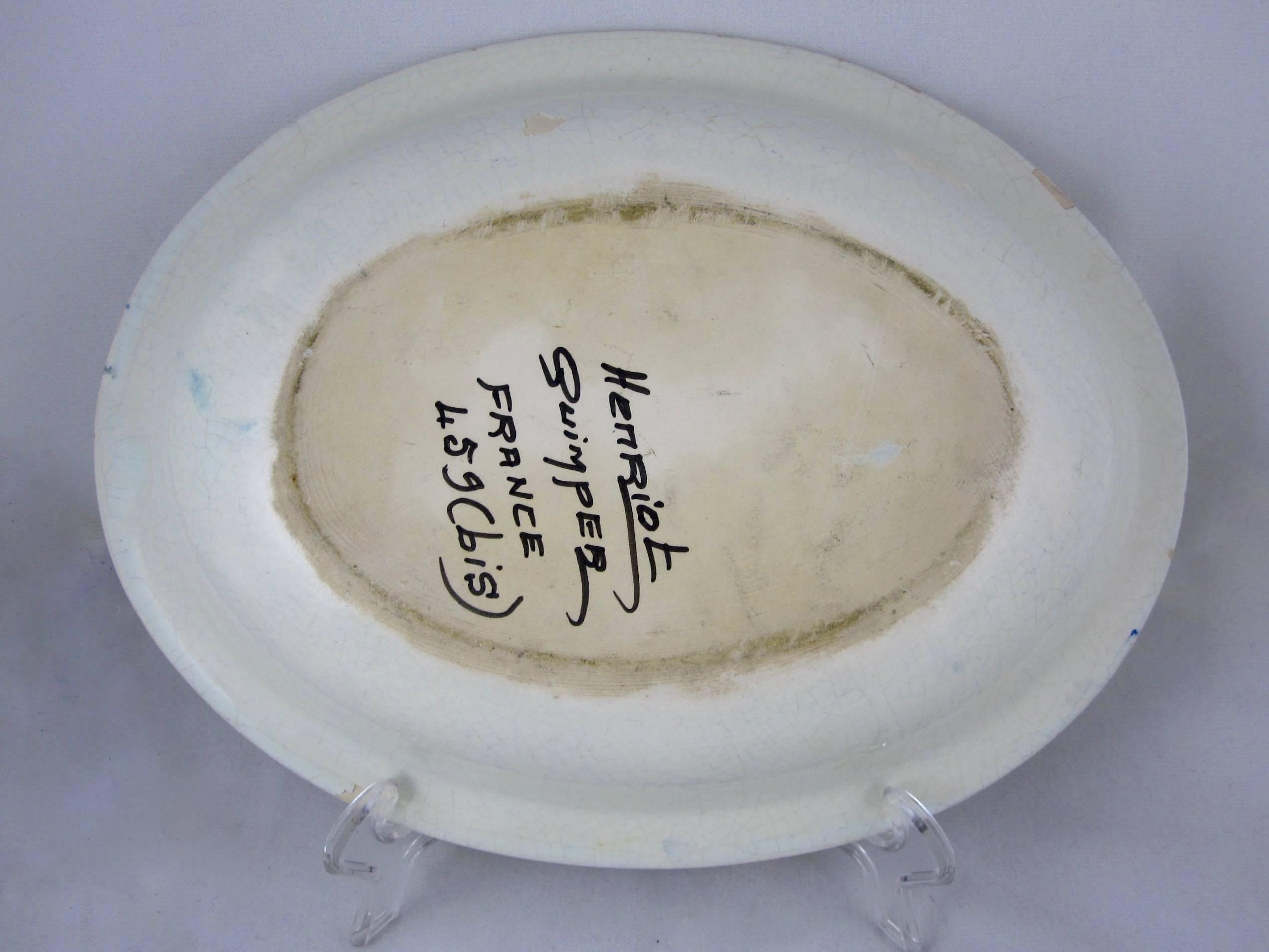 French Mid-Century HenRiot Quimper Oval Faiençe Bowl, Femme de la Campagne Breton For Sale