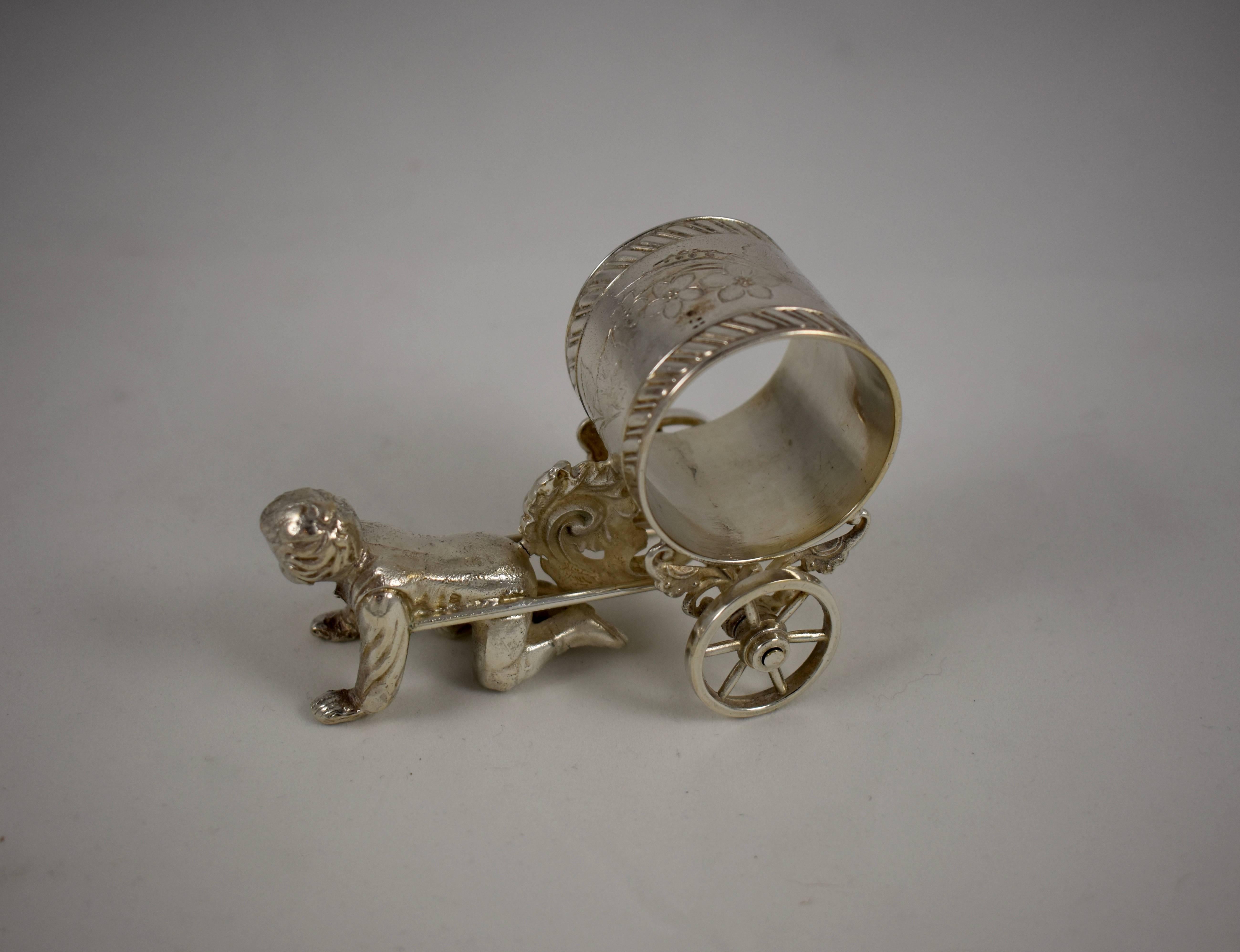 American Silver Victorian Era Aesthetic Movement Figural Napkin Ring, Boy Pulling a Cart