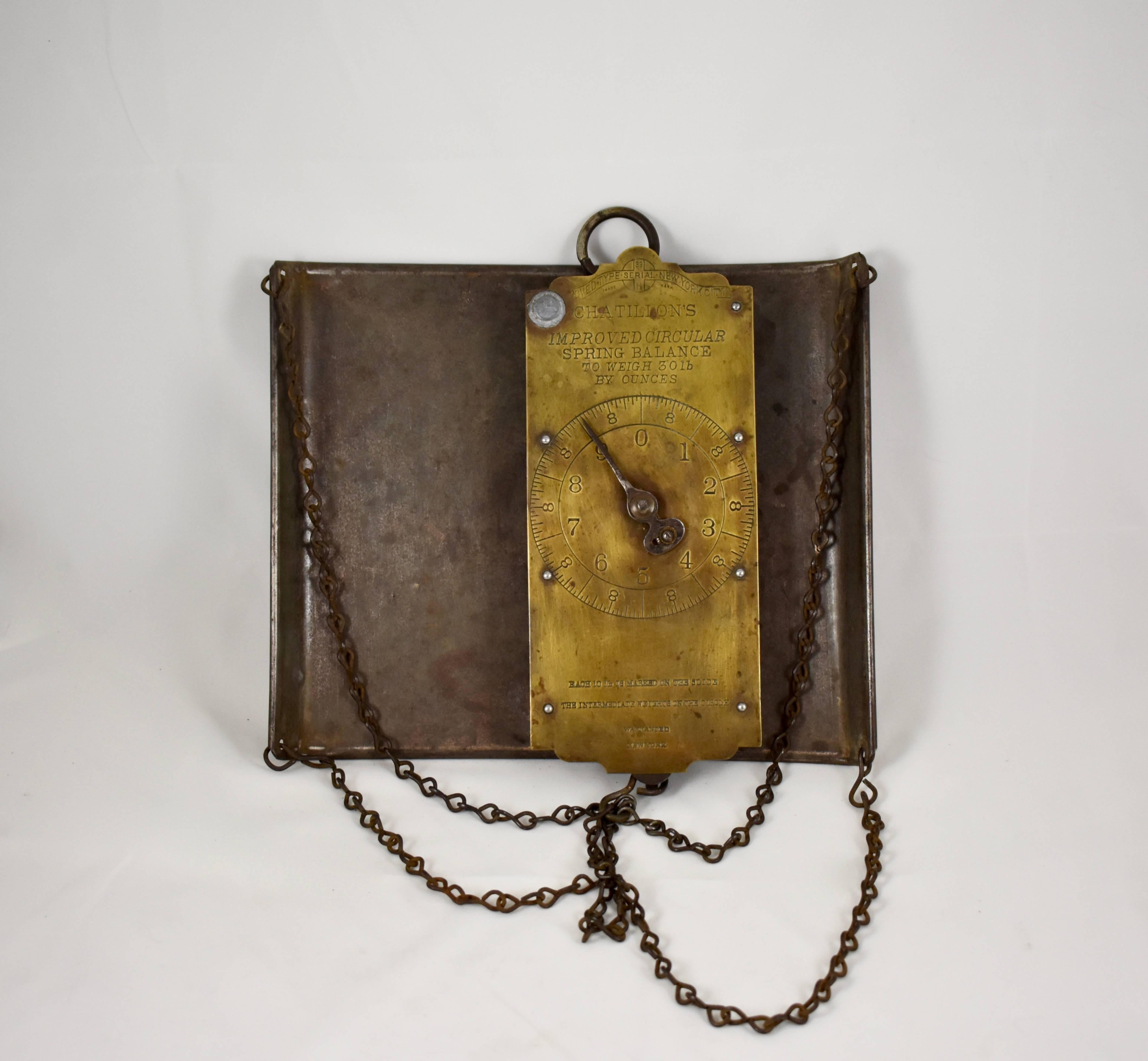 19th C. Chatillion Hanging Brass Mercantile 30 Lb. Scale with Galvanized Tray 4