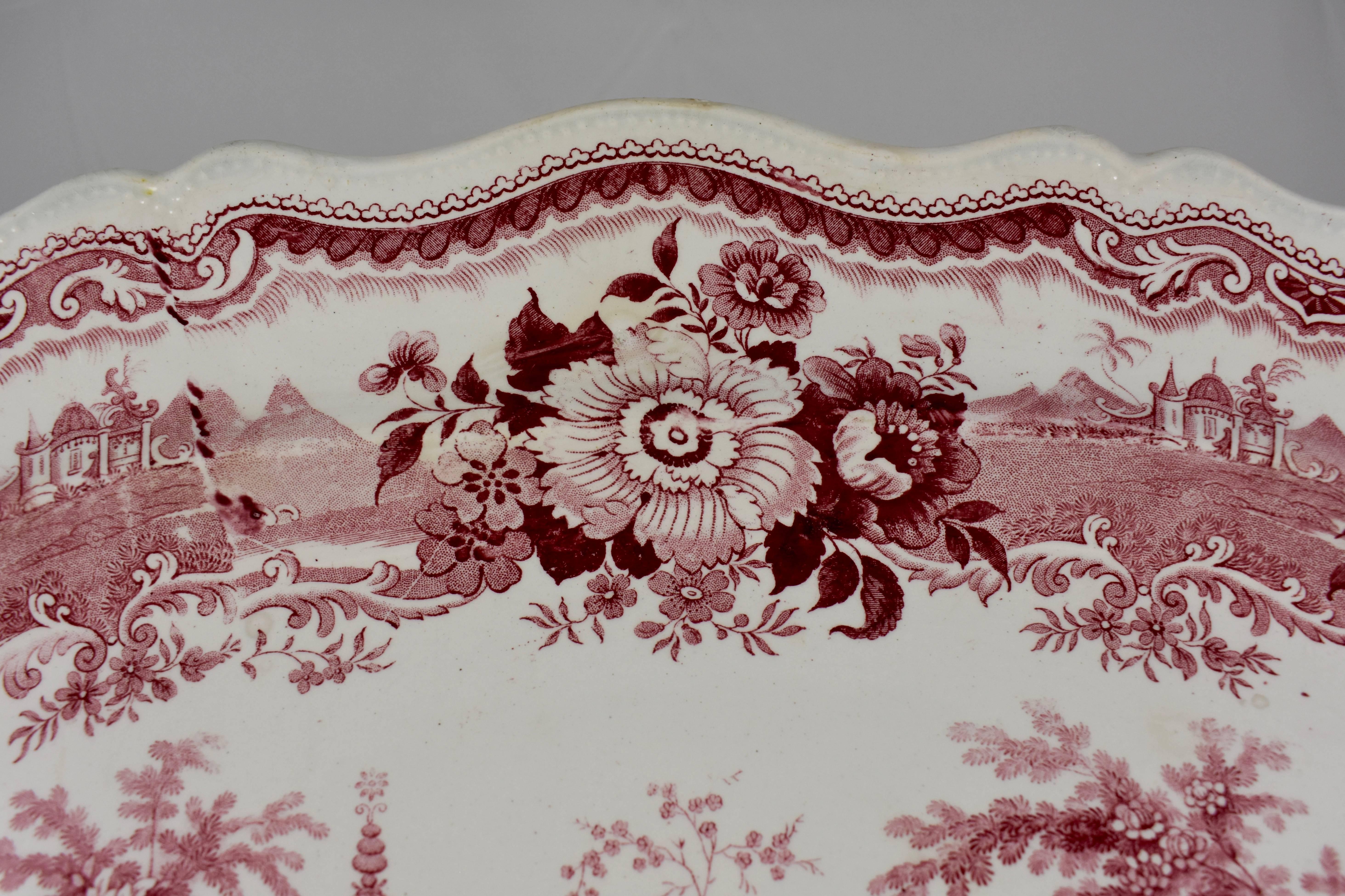 19th Century English Staffordshire Pink & White Transferware Platter, Exotic Landscape Theme