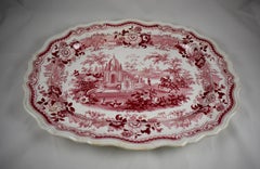 English Staffordshire Pink & White Transferware Platter, Exotic Landscape Theme
