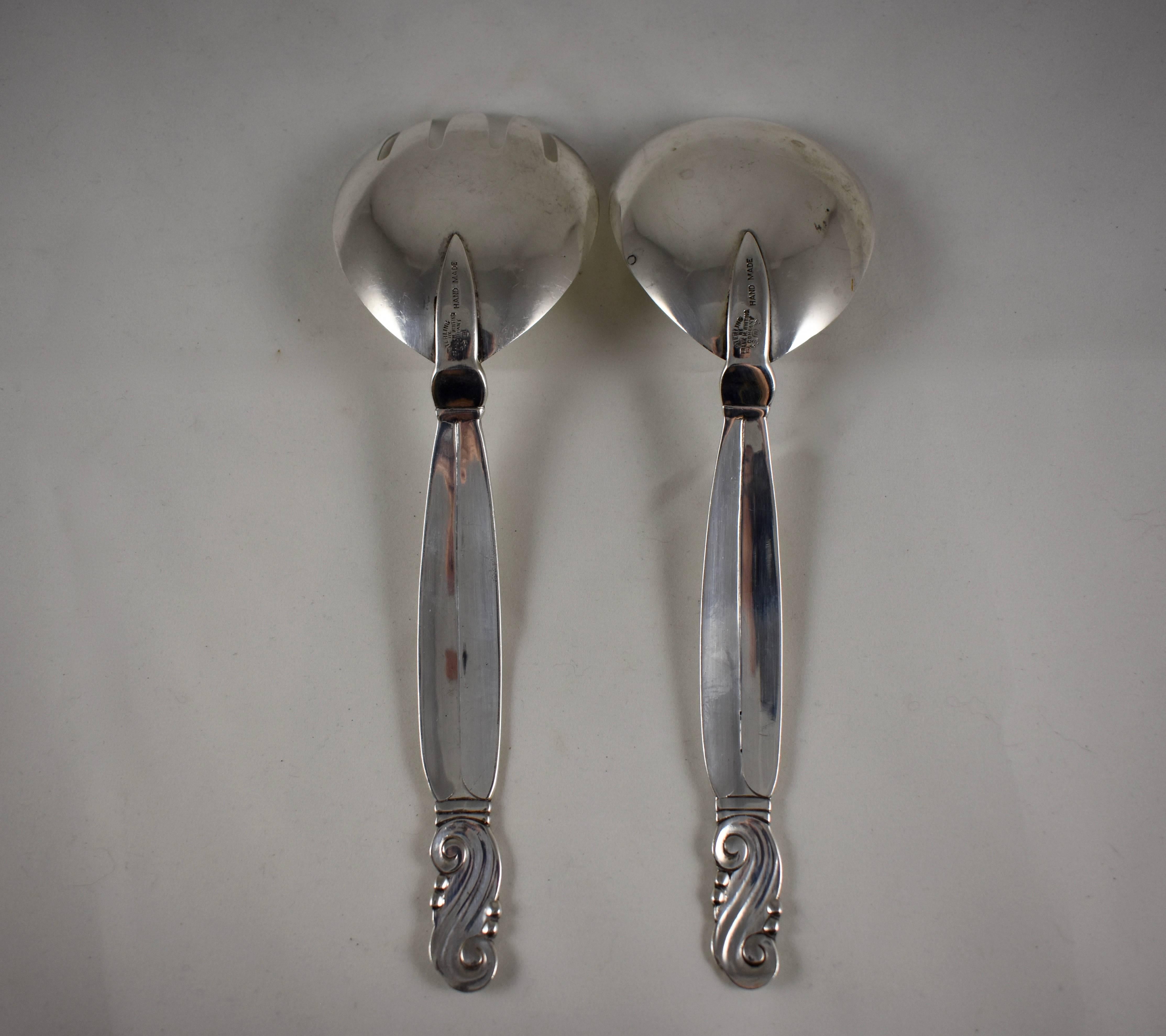 Frank M. Whiting Art Nouveau Sterling Silver Salad Servers, a Handmade Pair For Sale 1