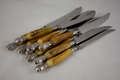 English Natural Antler and Sterling Silver Capped Serrated Knives, Set of Ten