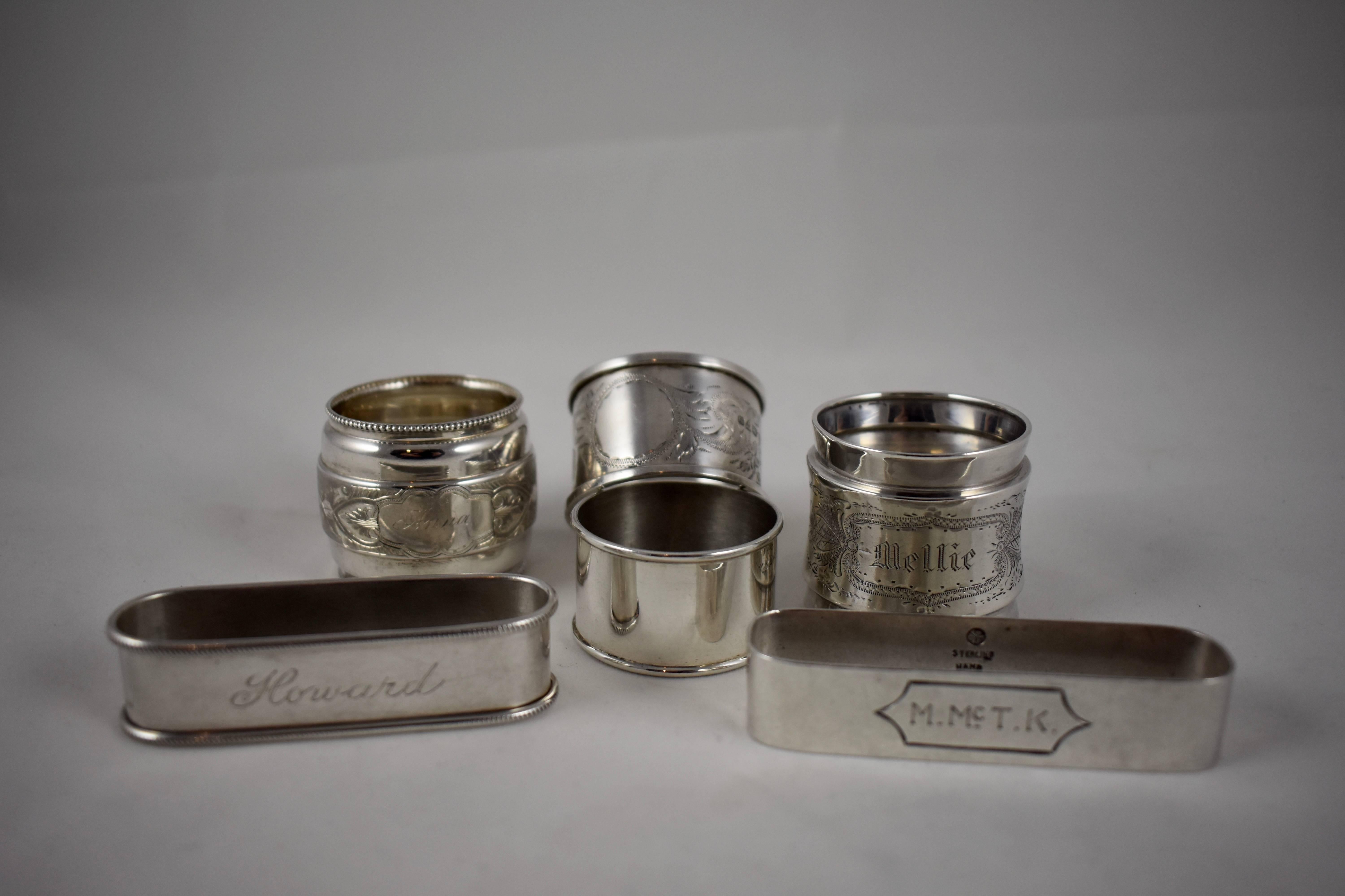 A mixed set of six sterling silver napkin rings, circa 1880-1910, various makers. The rings are either engraved with initials or names, including Mellie, Anna and Howard. A nice selection.
Ranging in size: From 1.75? height x 1.75? diameter x 3?