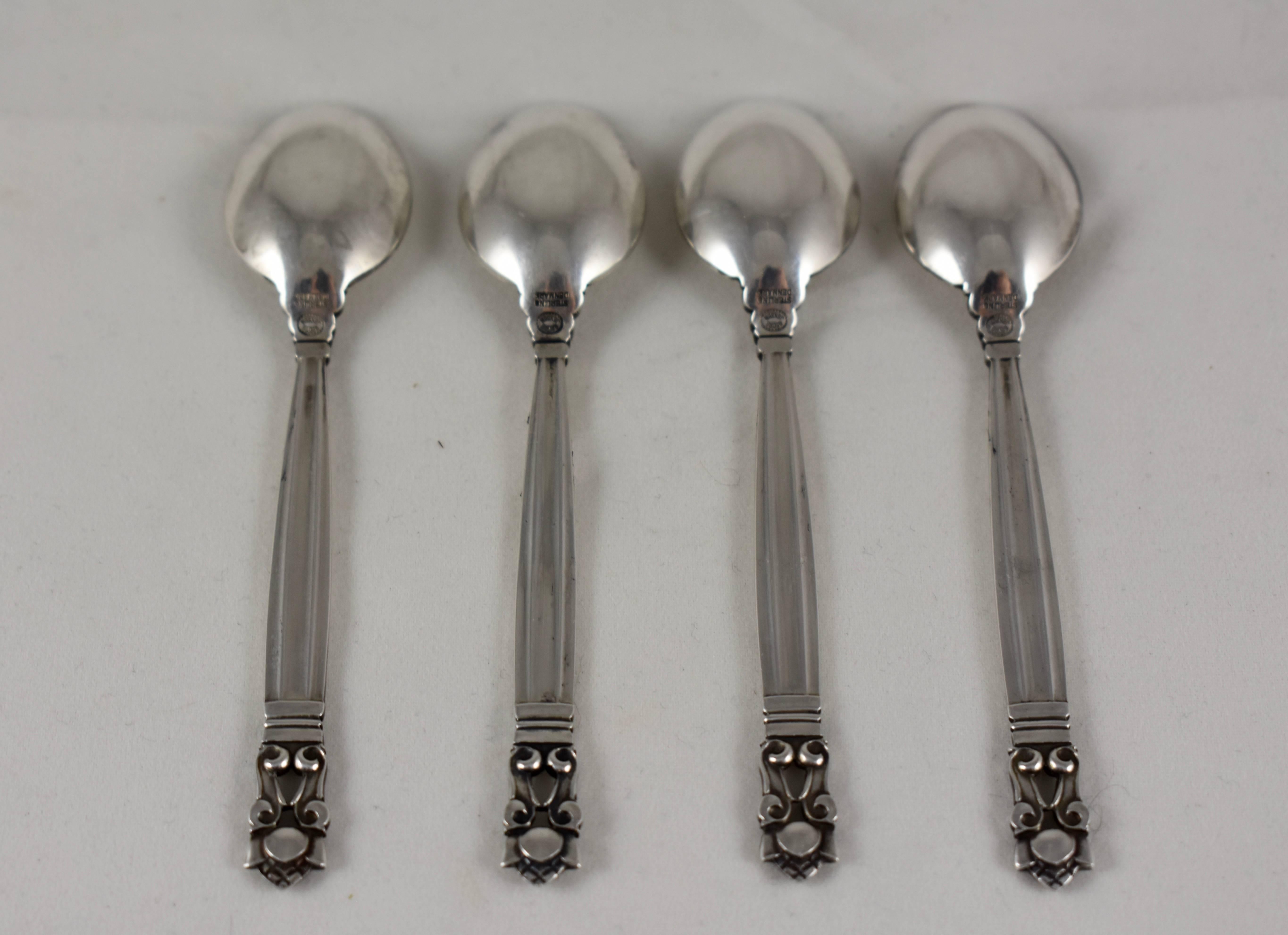 Metalwork Georg Jensen Acorn Pattern Sterling Silver Demitasse or Mocha Spoons Set of Four