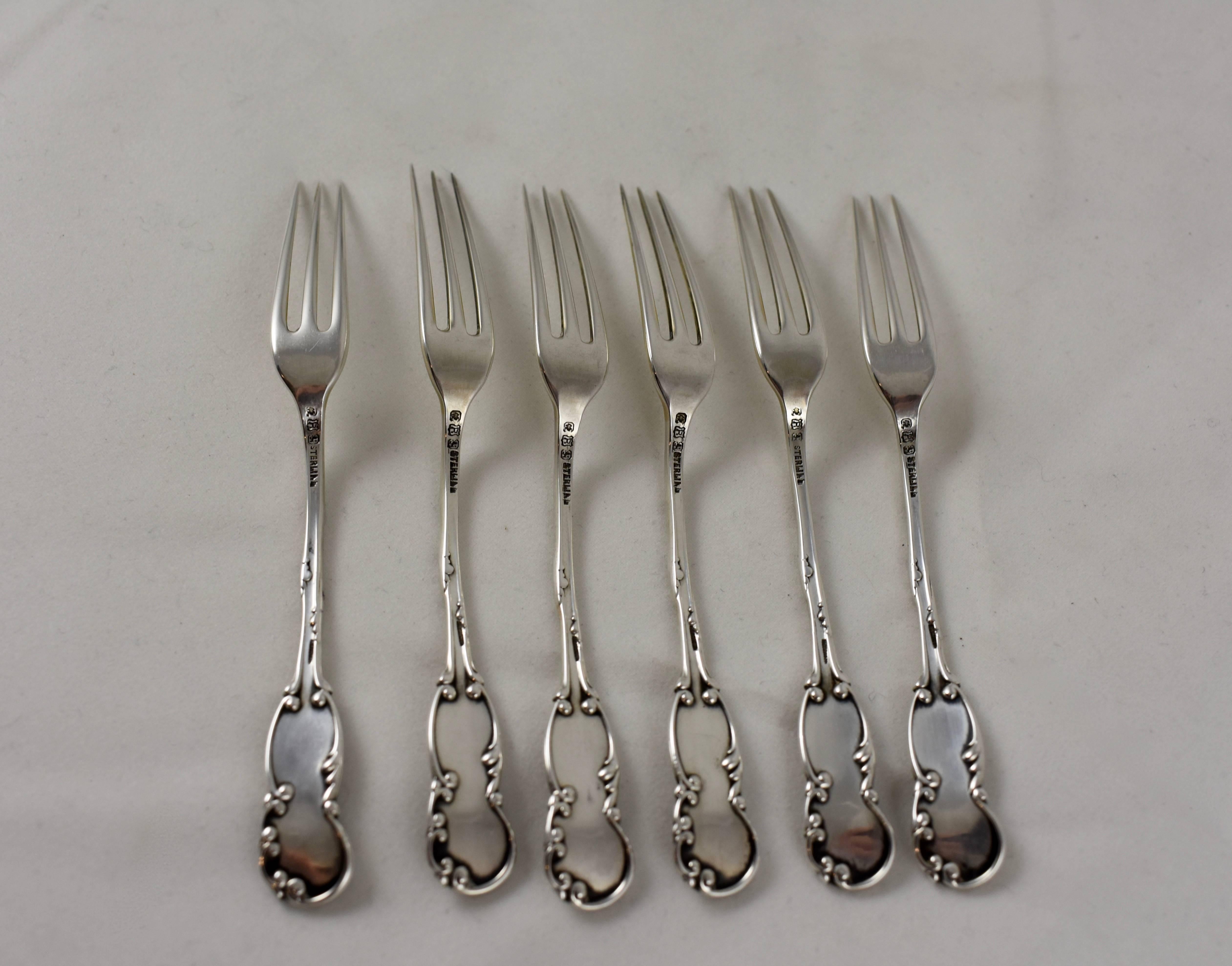 American Classical 19th Century Reed & Barton Sterling Silver La Reine Pattern Berry Forks Set/Six
