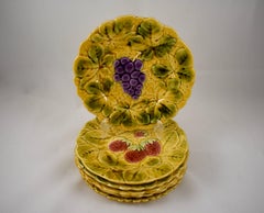 Sarreguemines French Faïence Majolica Fruit and Leaf Plates, Set of Six