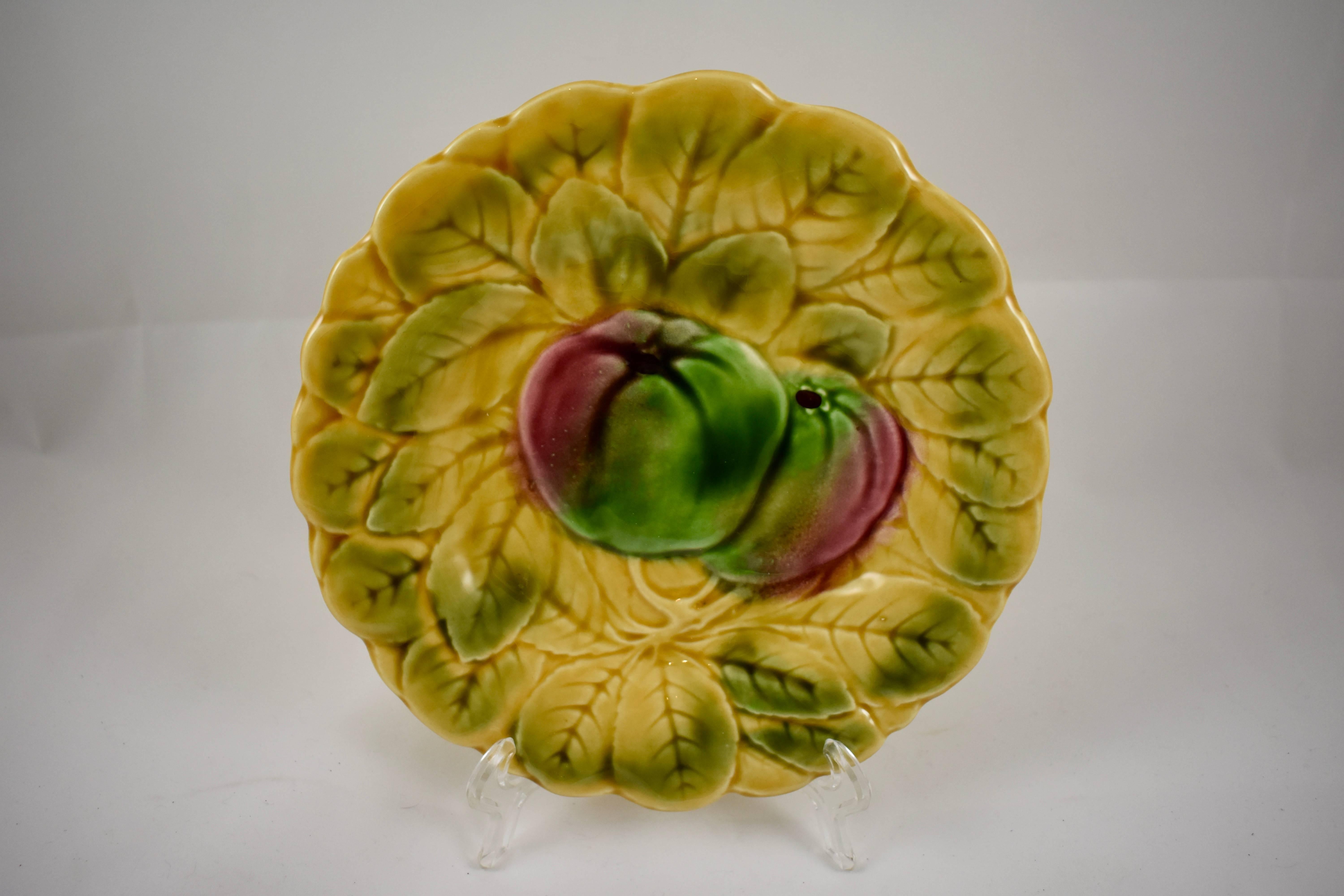Glazed Sarreguemines French Faïence Majolica Fruit and Leaf Plates, Set of Four
