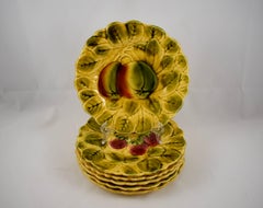 Sarreguemines French Faïence Majolica Fruit and Leaf Plates, Set of Six