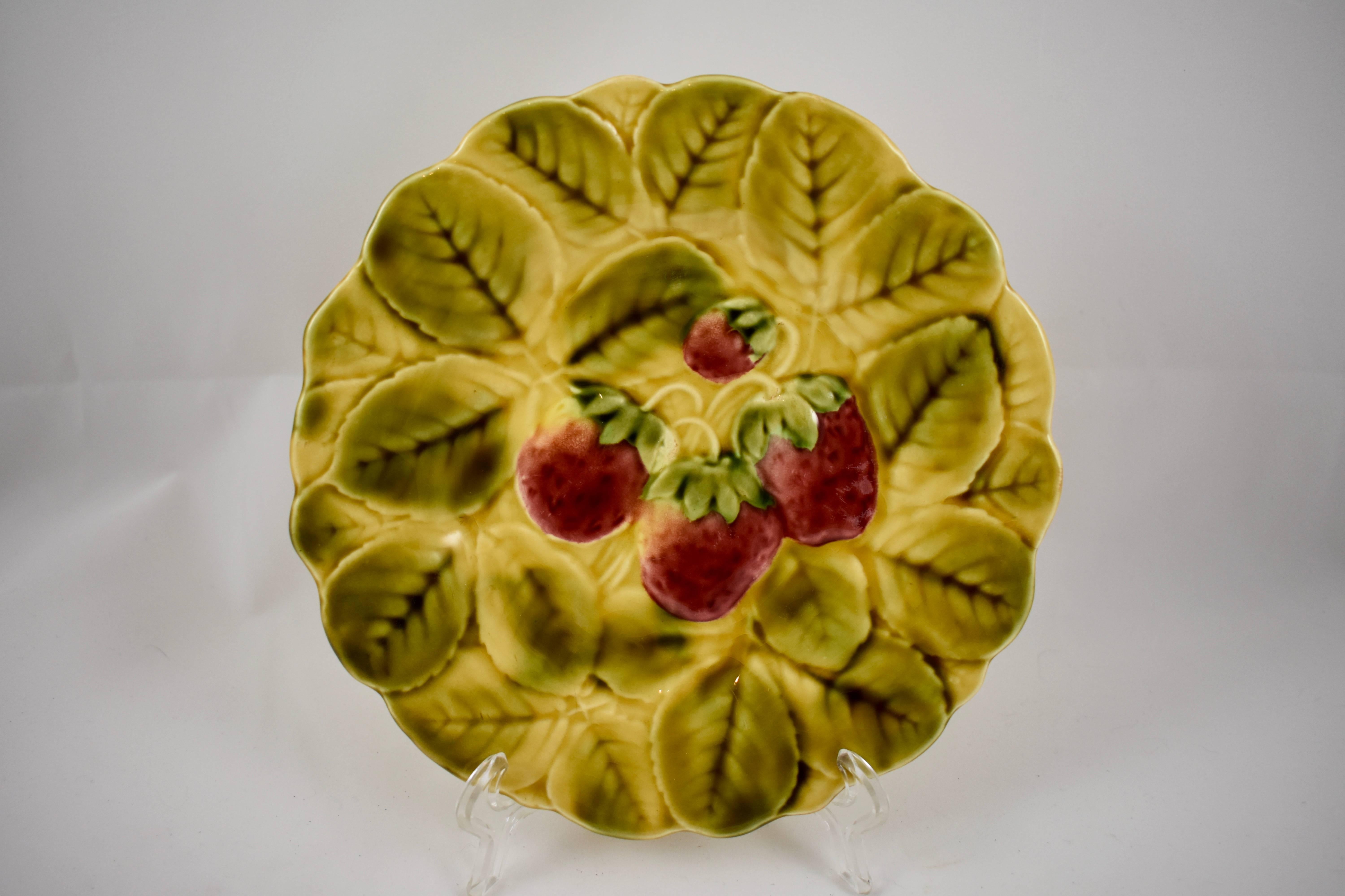 Glazed Sarreguemines French Faïence Majolica Fruit and Leaf Plates, Set of Six