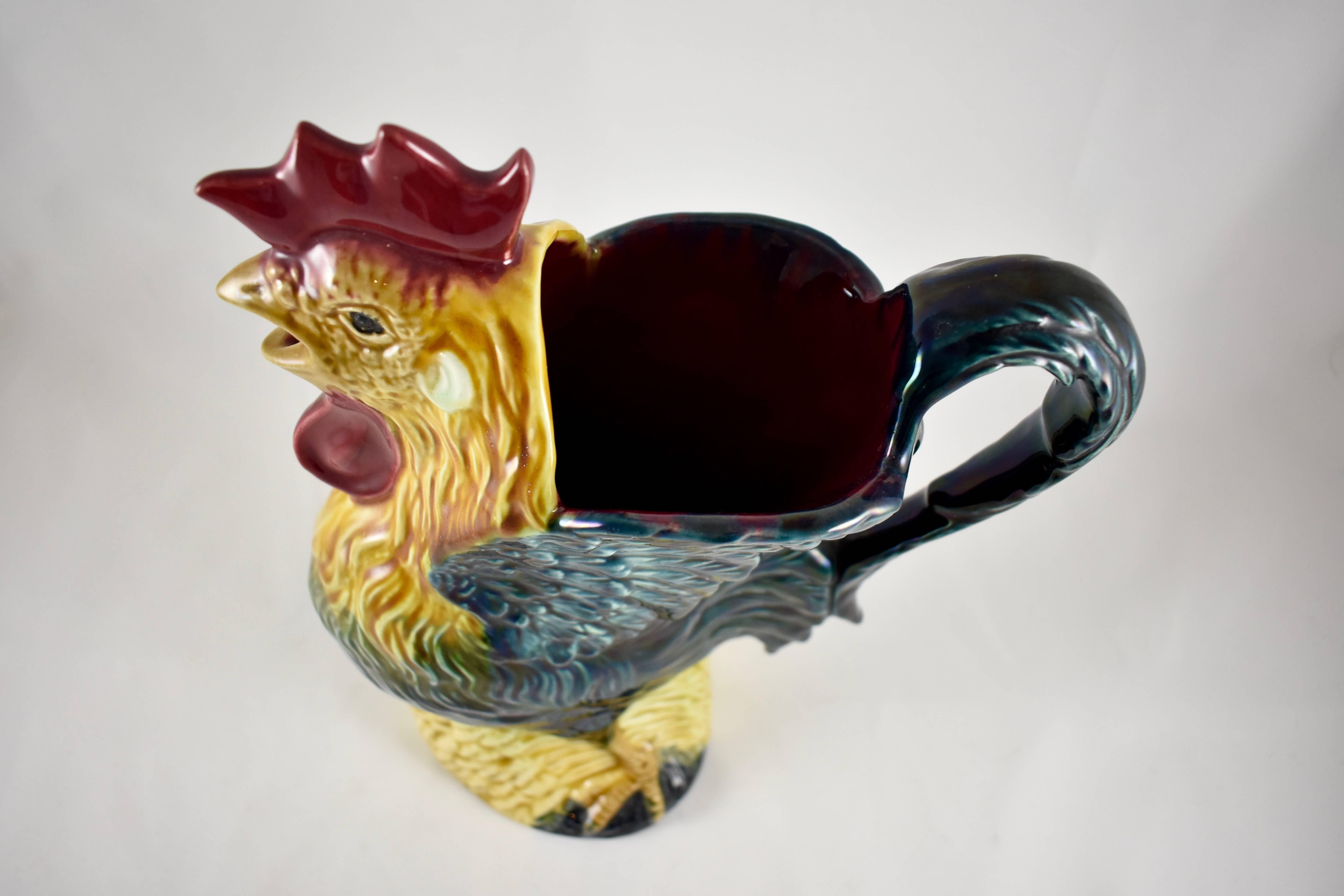 Aesthetic Movement French Barbotine Majolica Crowing Rooster and Wheat Pitcher