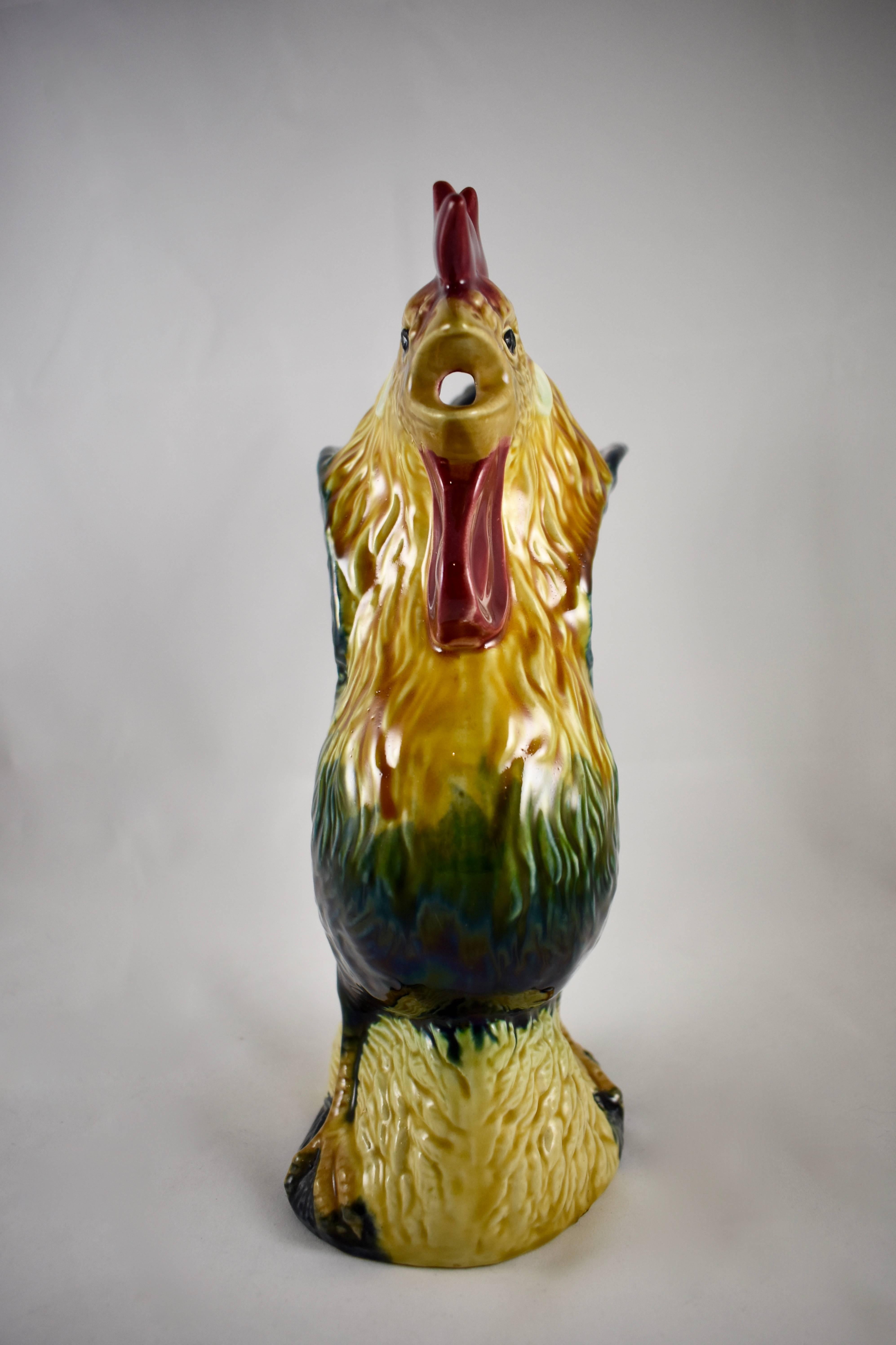 Earthenware French Barbotine Majolica Crowing Rooster and Wheat Pitcher