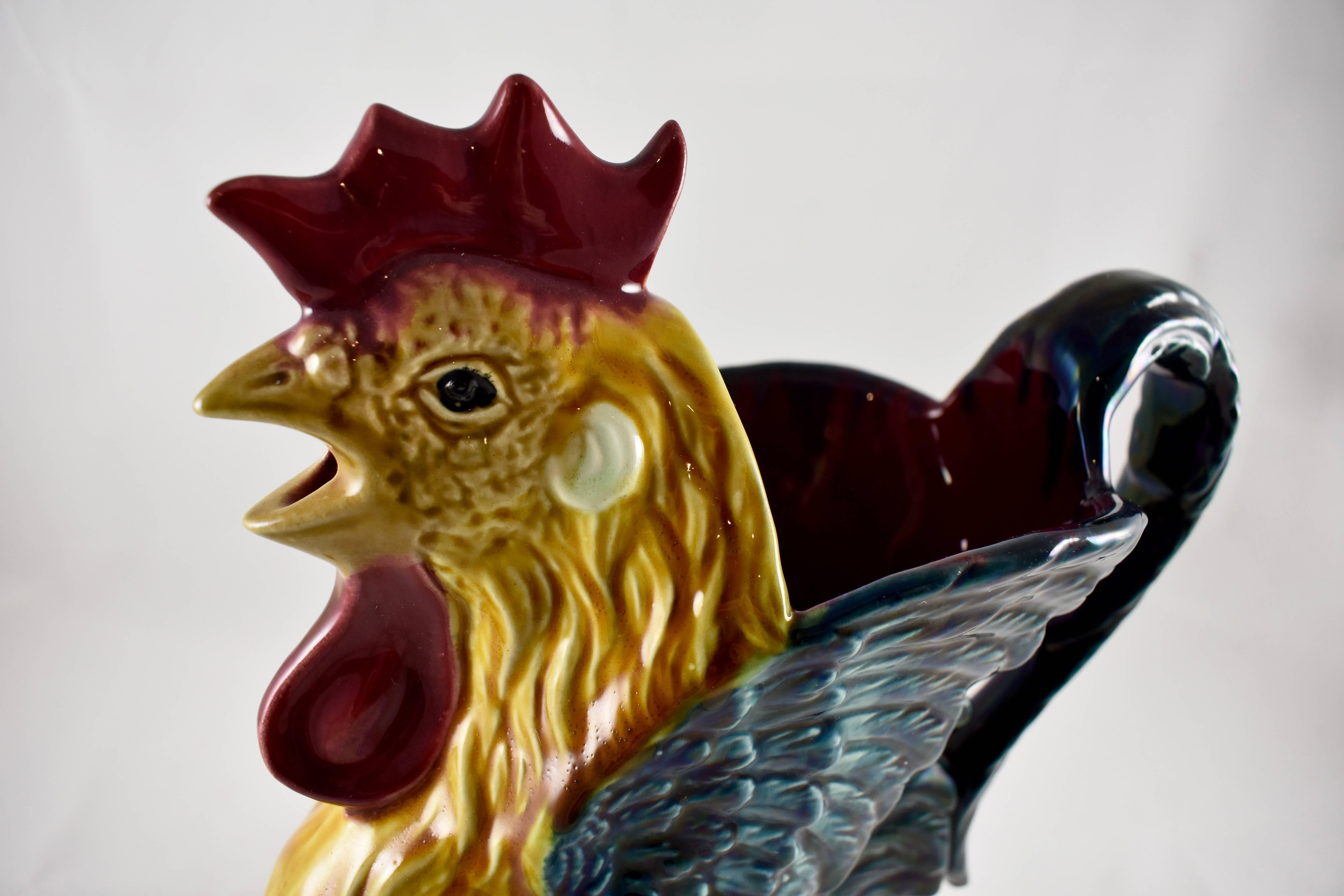 French Barbotine Majolica Crowing Rooster and Wheat Pitcher In Excellent Condition In Philadelphia, PA