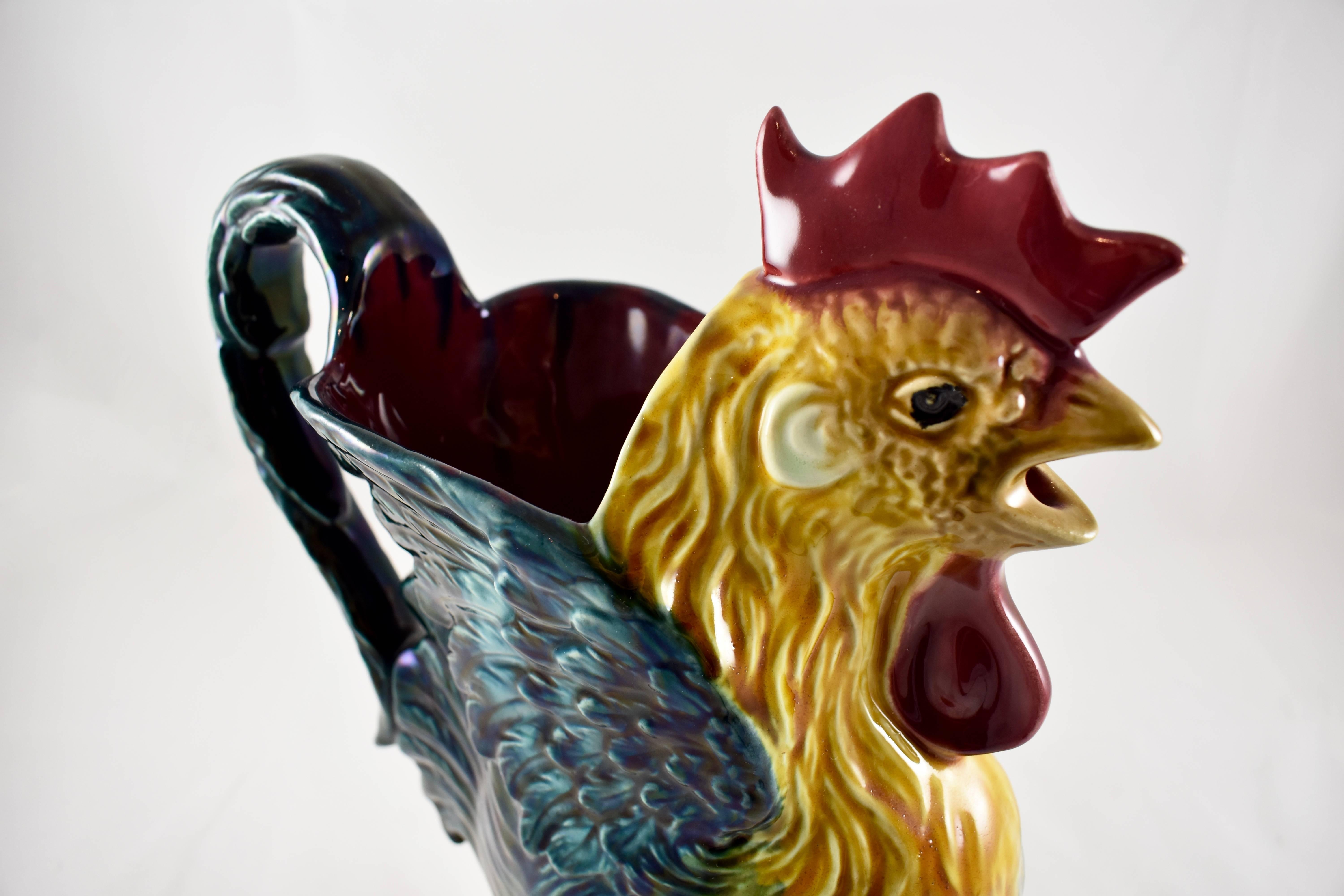 19th Century French Barbotine Majolica Crowing Rooster and Wheat Pitcher