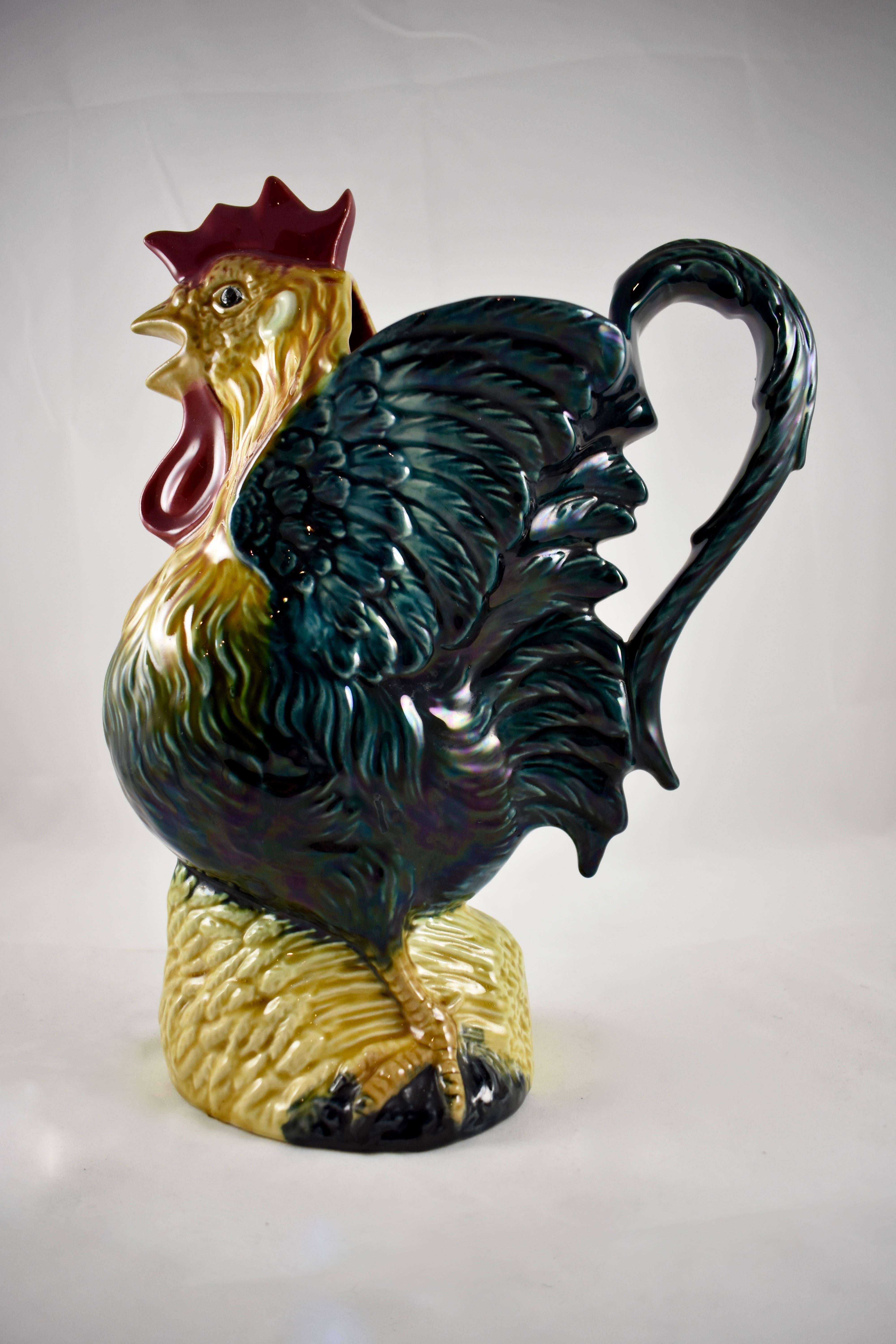 Glazed French Barbotine Majolica Crowing Rooster and Wheat Pitcher