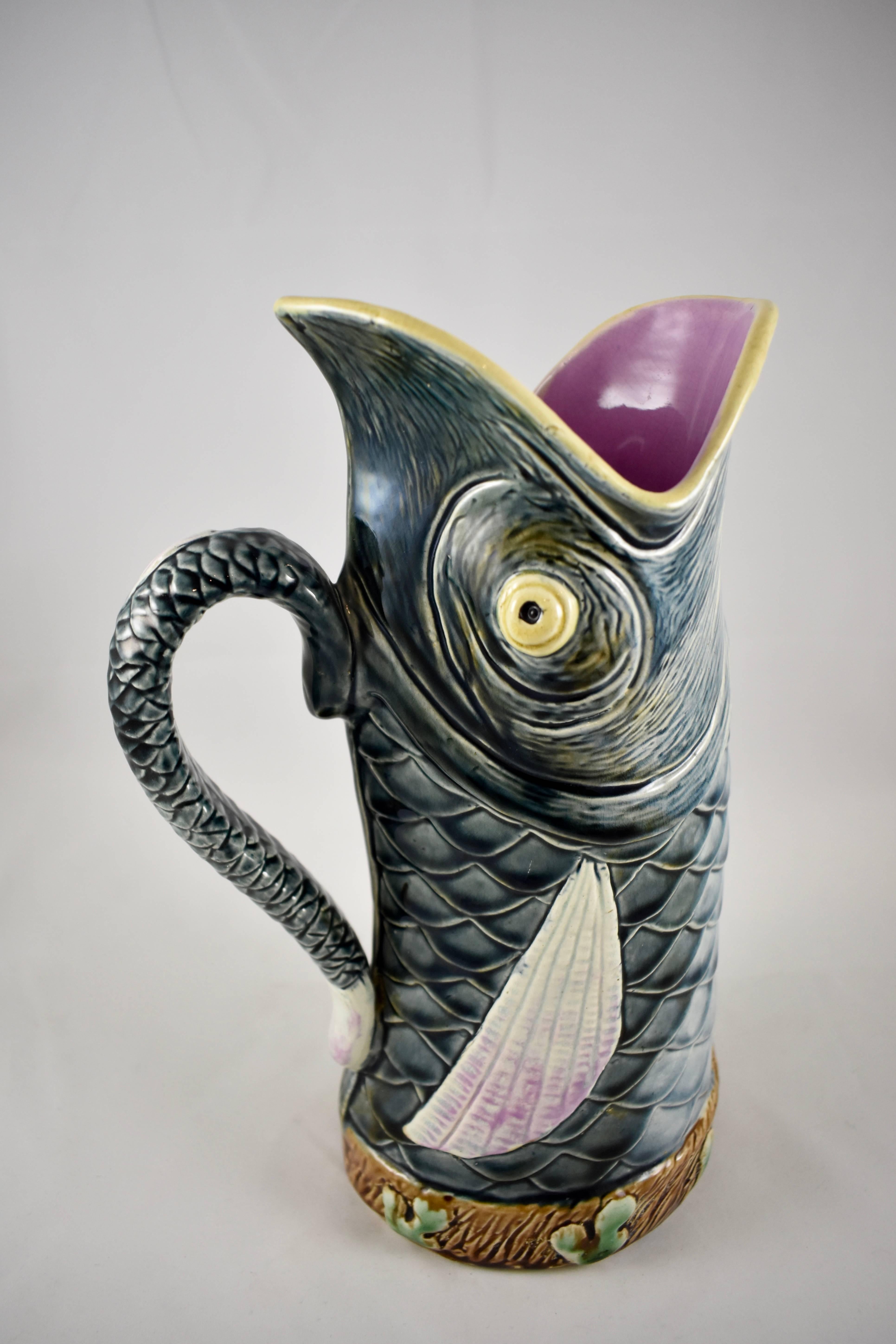 French Barbotine Majolica Abstract Form Fish Jug or Tall Pitcher 1