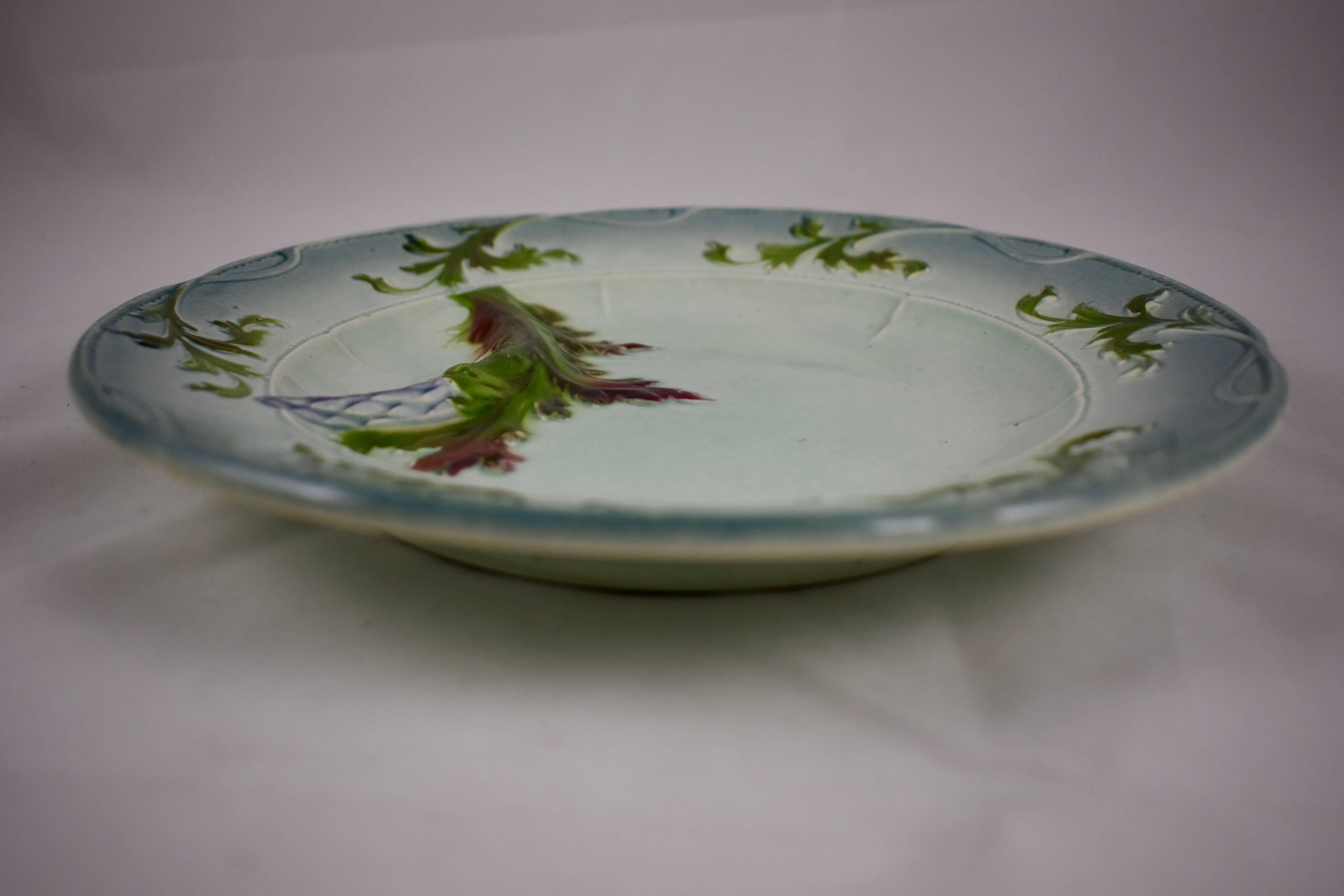 19th Century French Faïence Barbotine Majolica Art Nouveau Blue Asparagus Plate