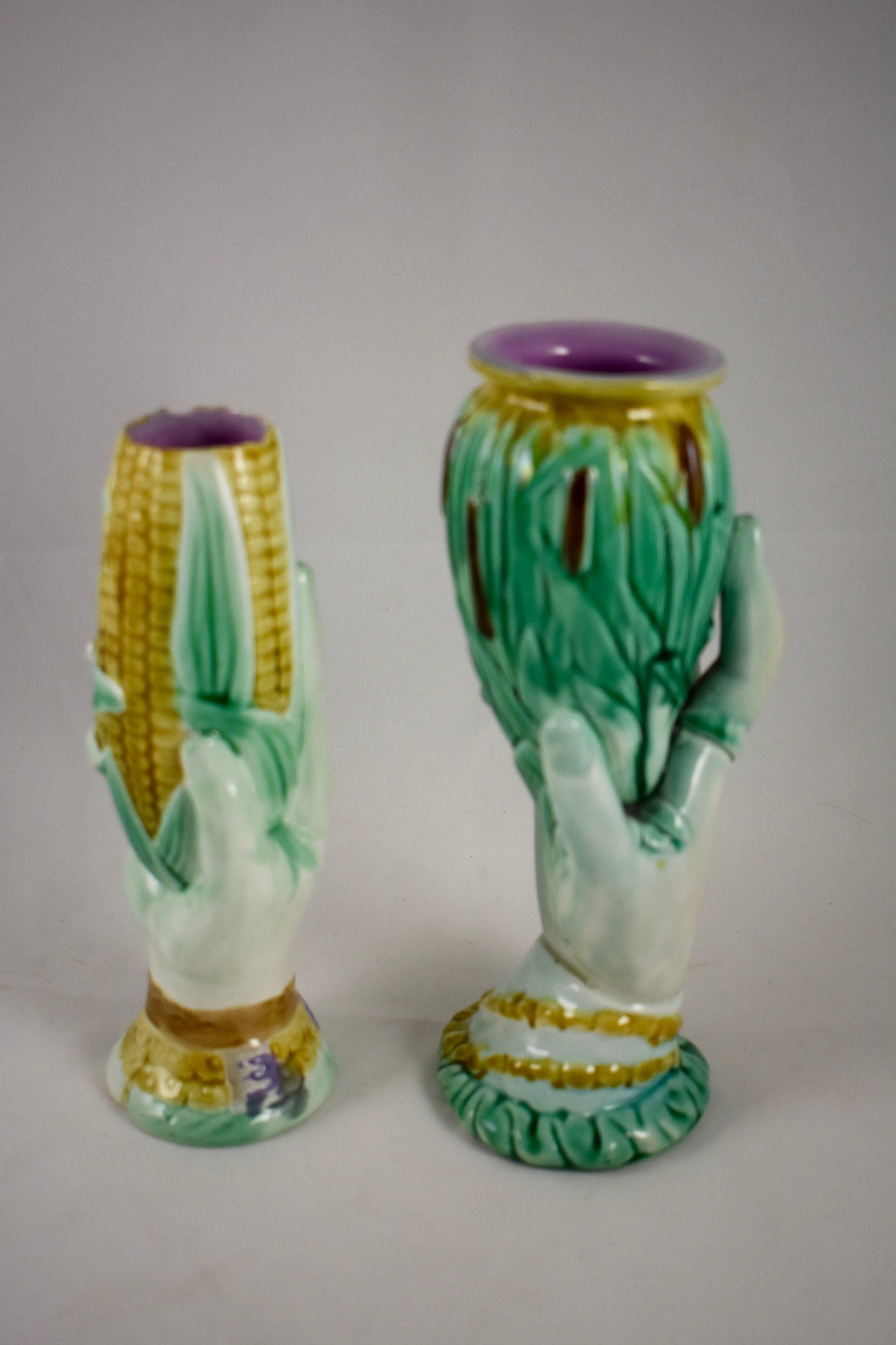 English Staffordshire Majolica Glazed Hand Holding Cattails Spill or Posy Vase For Sale 4