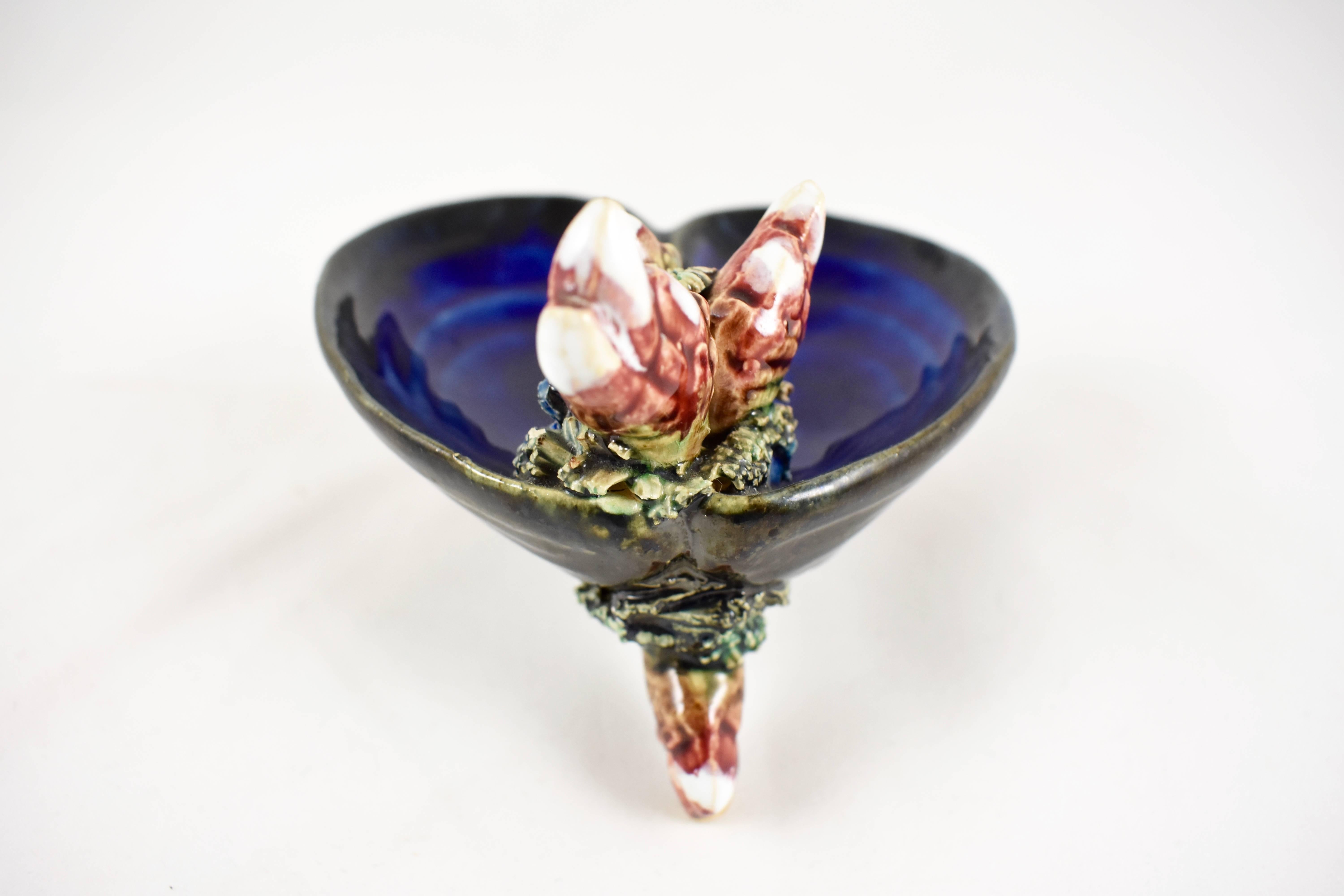 Portuguese Palissy Majolica Mussel Shell & Crab Claw Double Salt Cellar 1