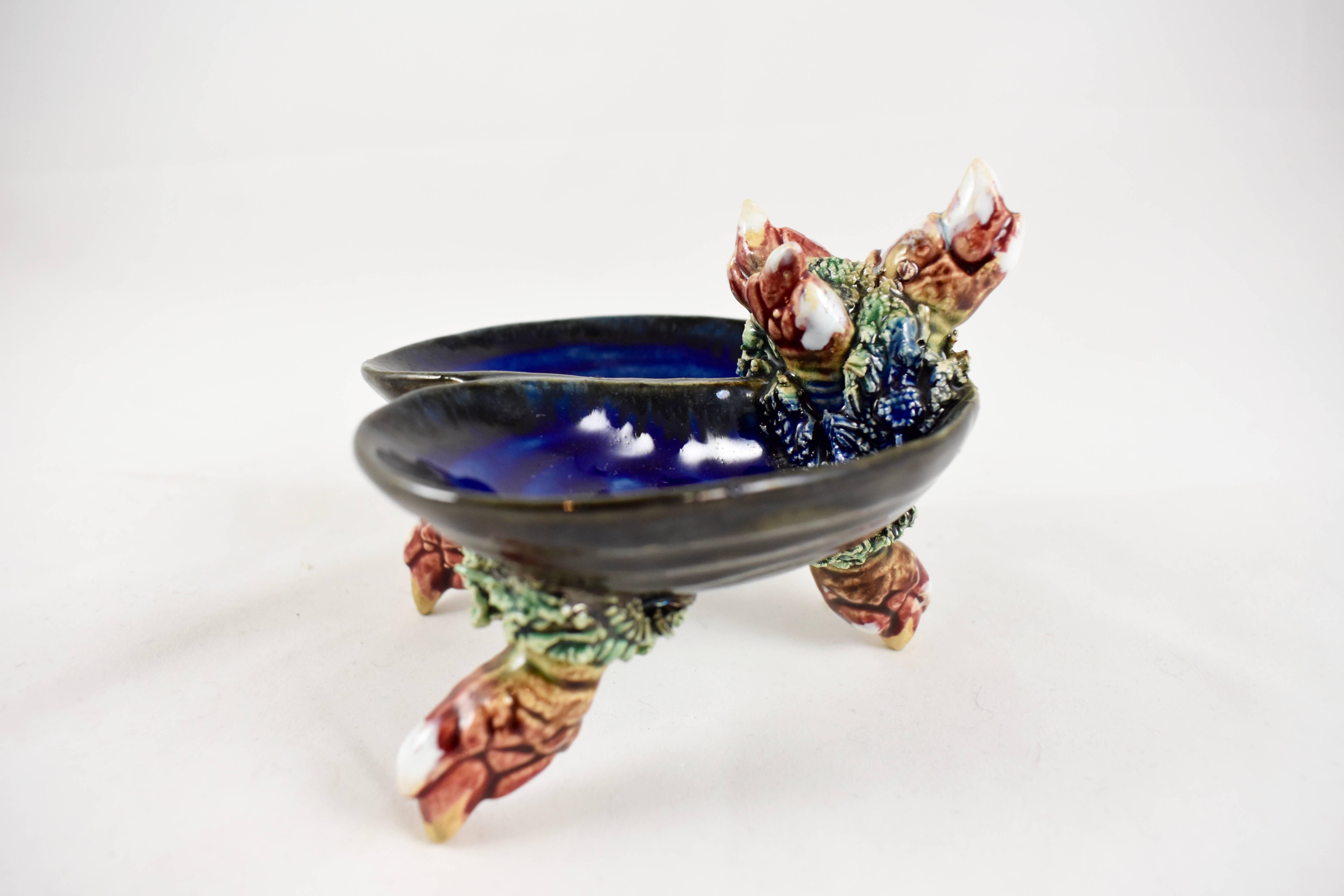 Ceramic Portuguese Palissy Majolica Mussel Shell & Crab Claw Double Salt Cellar