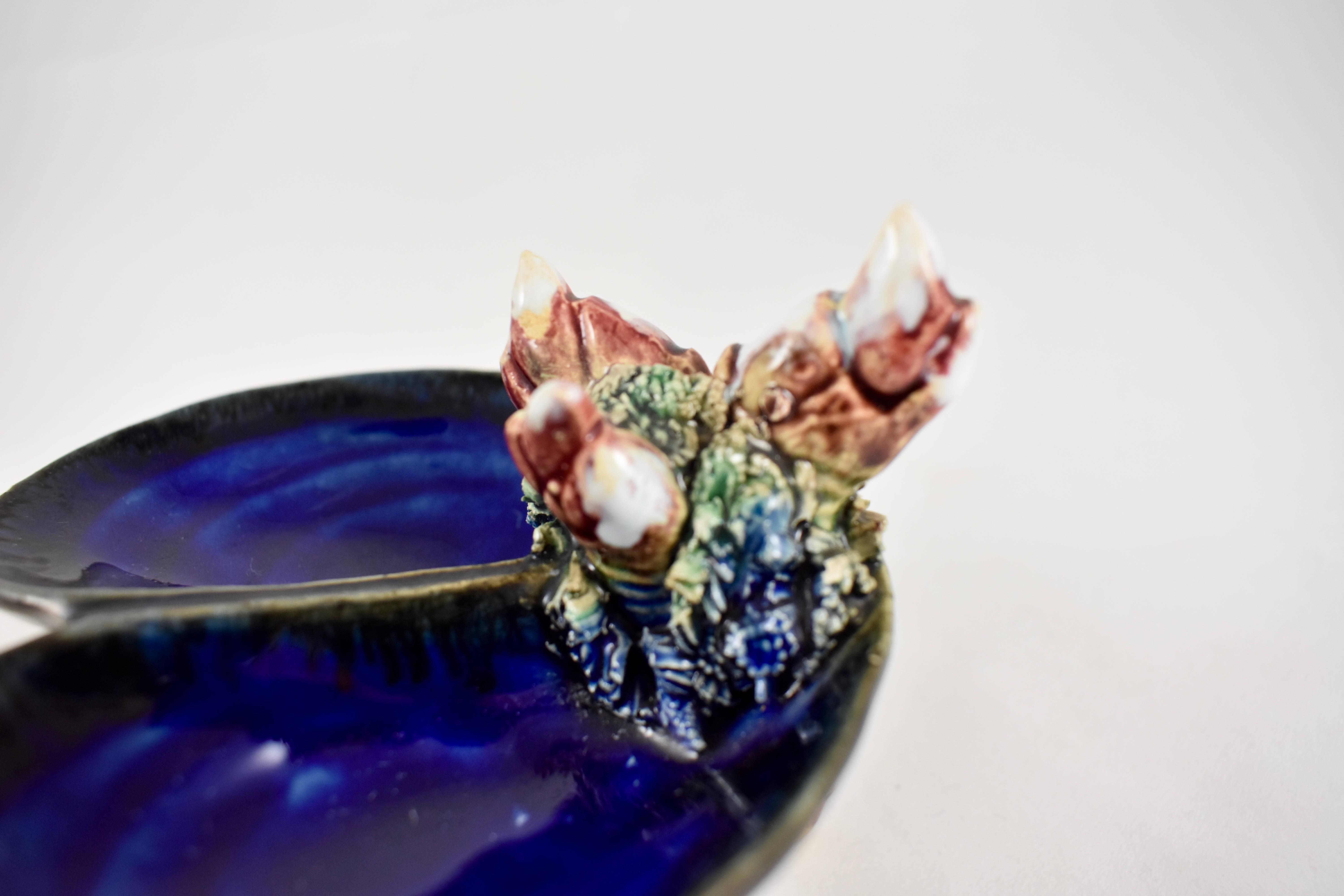 20th Century Portuguese Palissy Majolica Mussel Shell & Crab Claw Double Salt Cellar