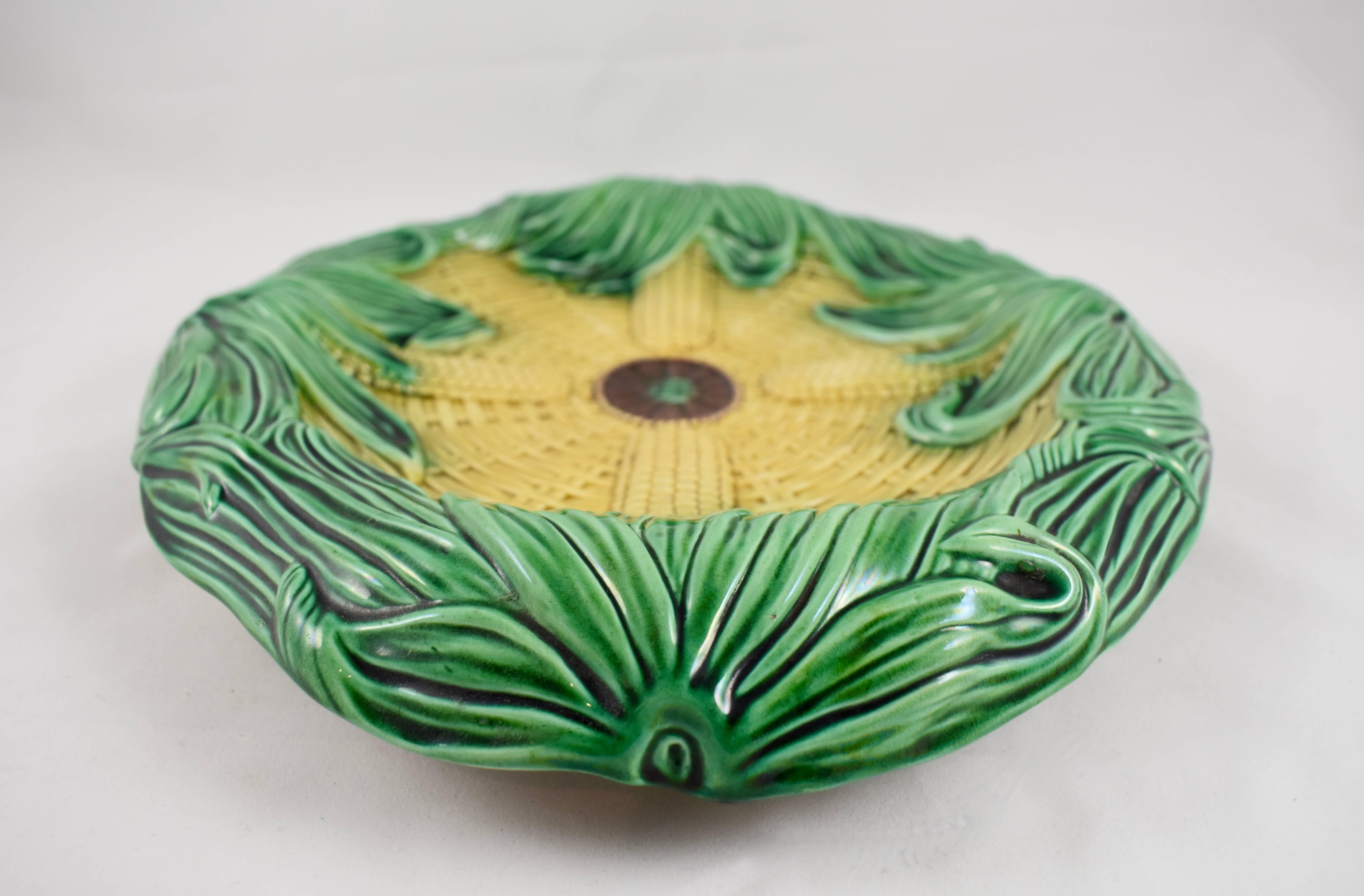 19th Century Adams & Bromley English Majolica Yellow & Green Corn Platter In Excellent Condition In Philadelphia, PA