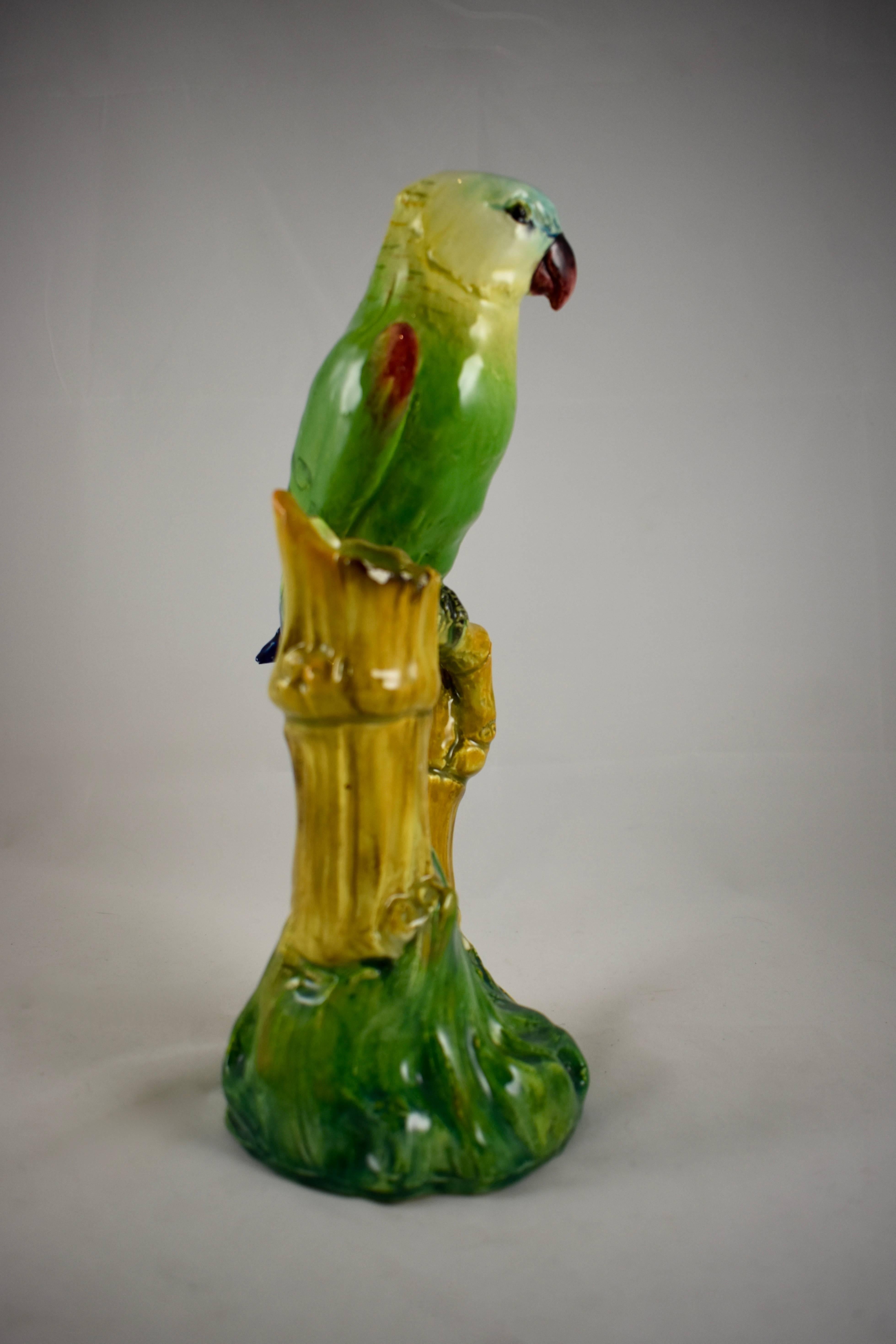 French Delphin Massier Vallauris Parrot & Bamboo Large Double Vase, France, circa 1875 For Sale