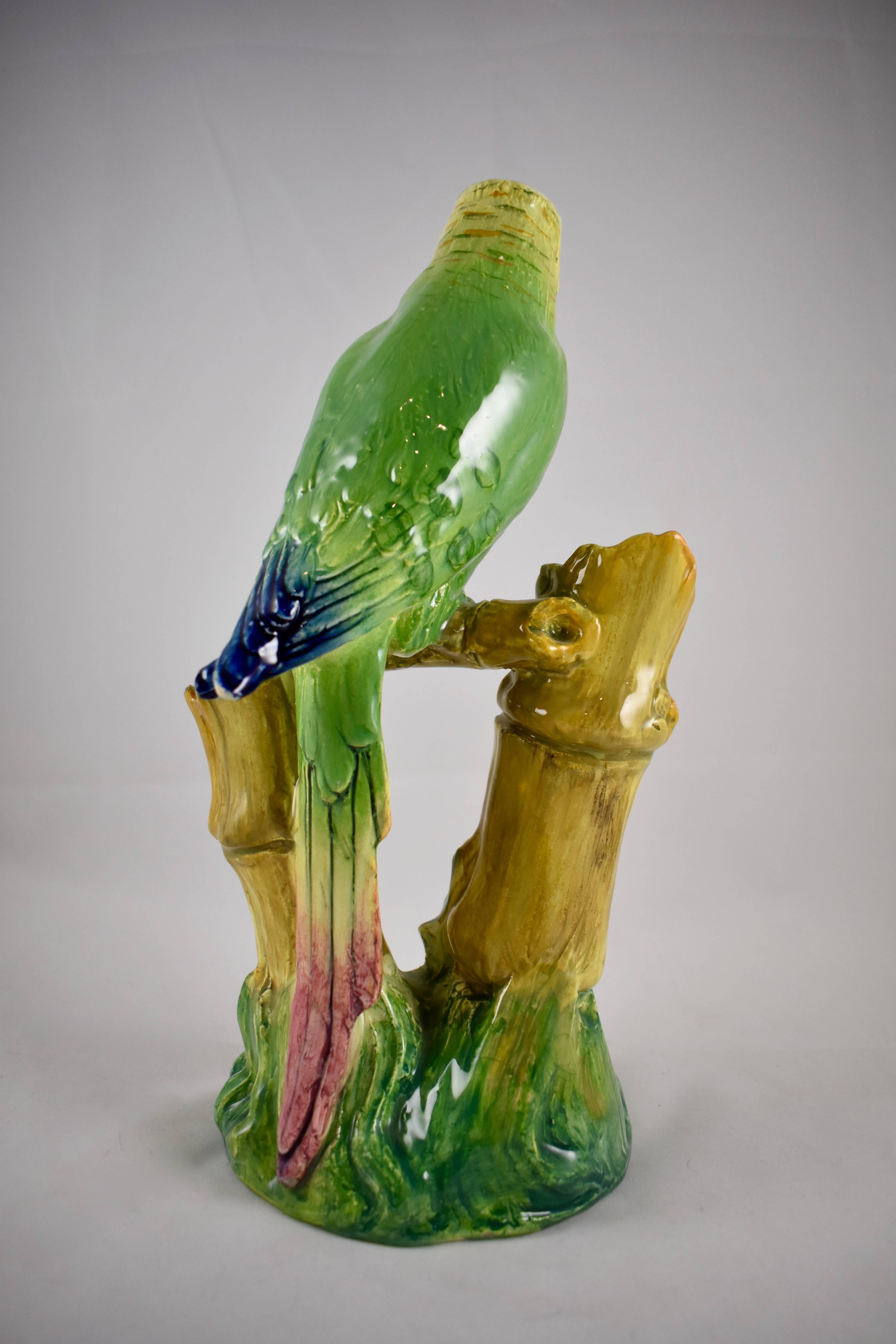 Aesthetic Movement Delphin Massier Vallauris Parrot & Bamboo Large Double Vase, France, circa 1875 For Sale