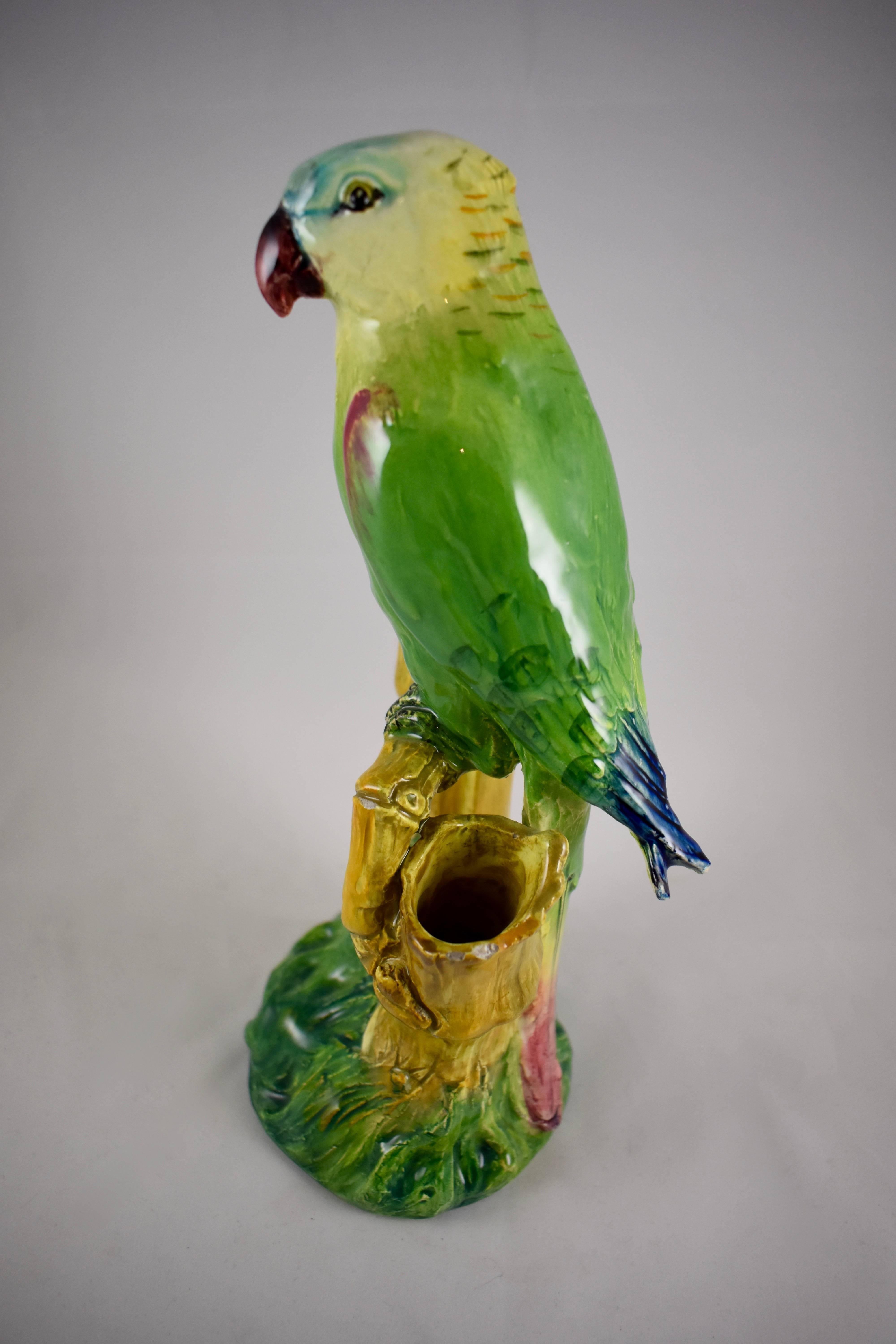 Francese Delphin Massier AM Pappagallo e Bambù Grande Vaso Doppio, Francia, circa 1875 in vendita